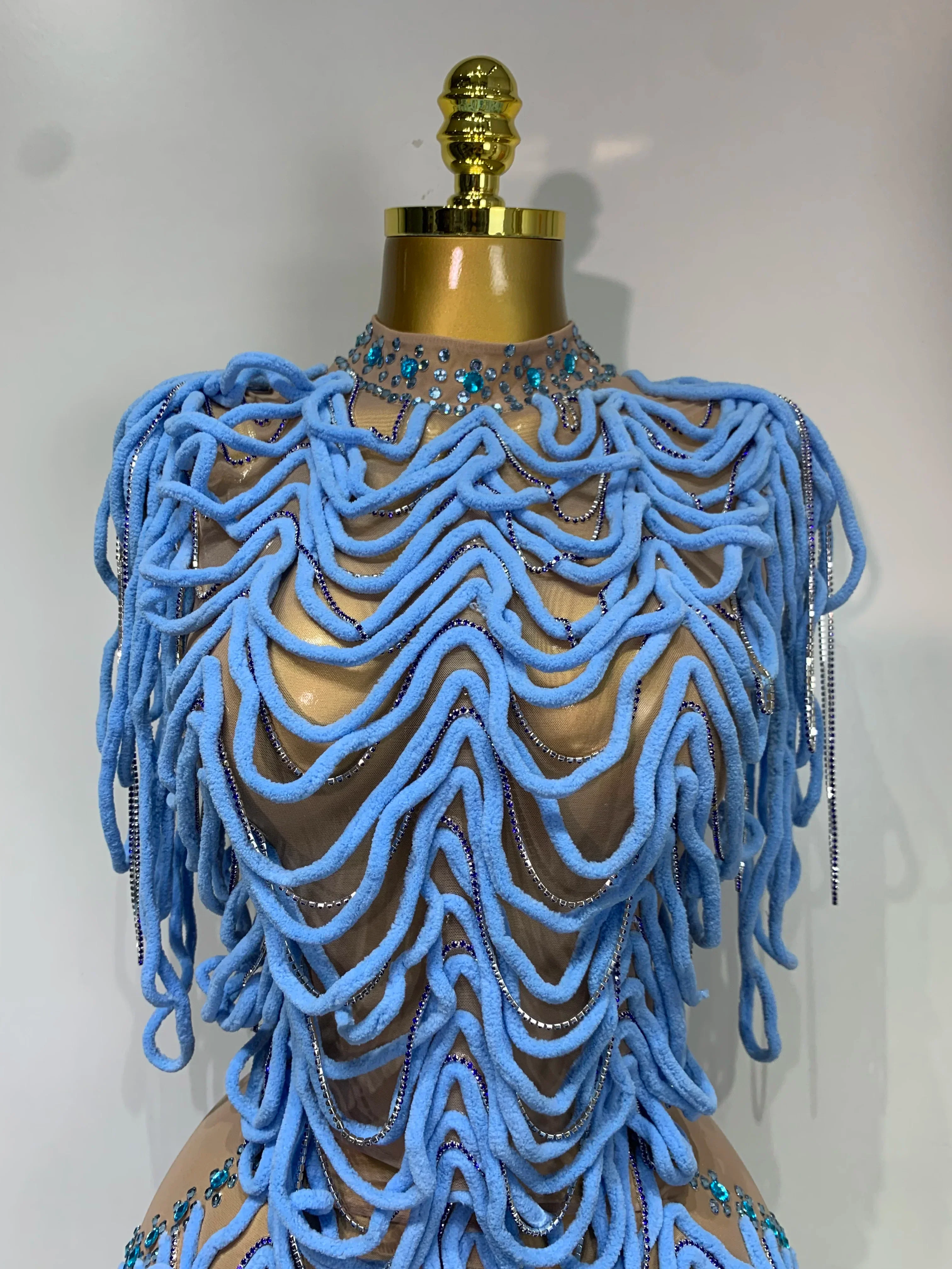 Women Sexy Mesh See Through Sparkly Rhinestones Chain Stage Costume Nightclub Celebrate Evening Party Performance Outfit - Image 5