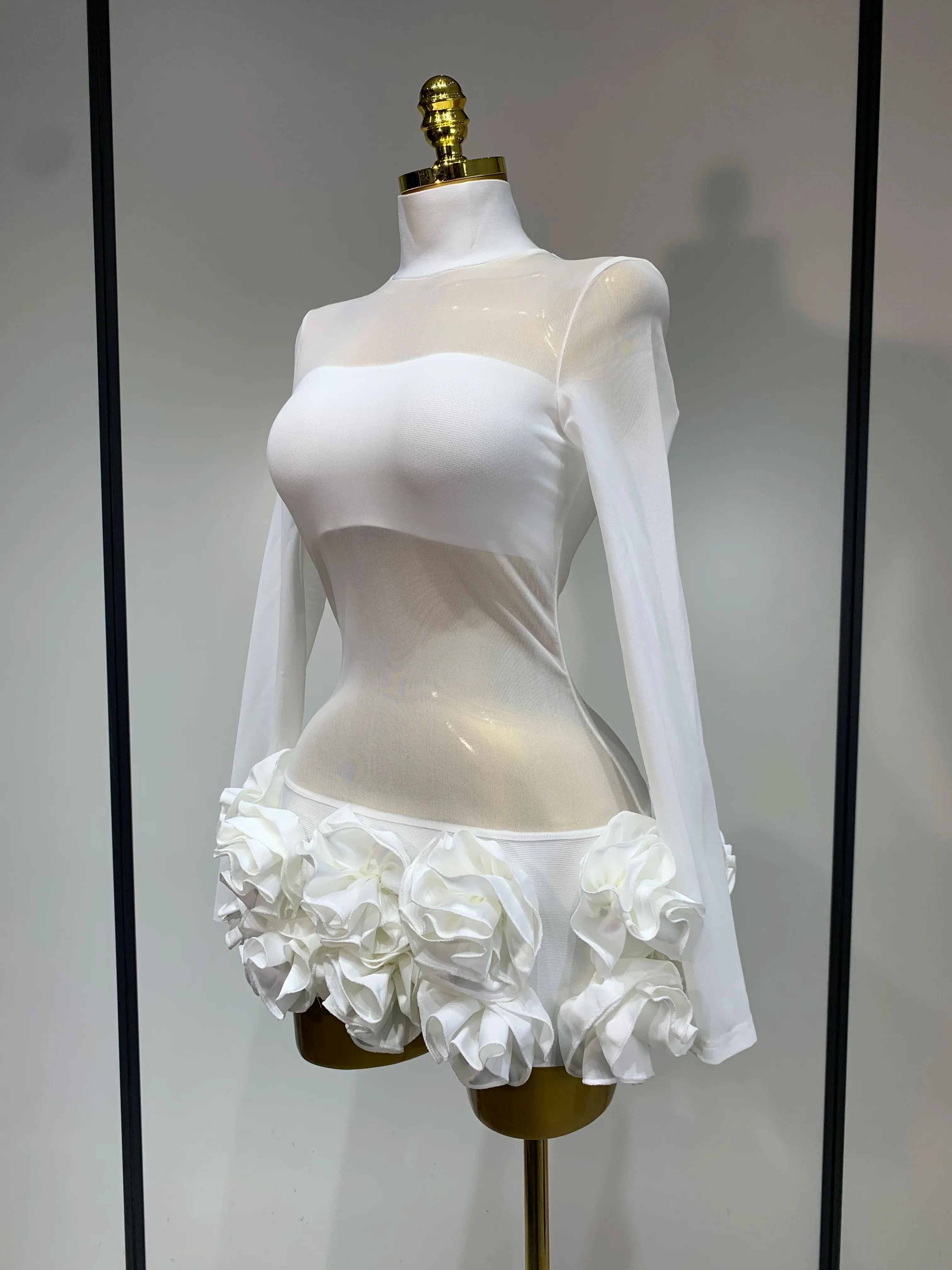 Women Sexy Mesh See through Stereoscopic Flowers White Red Mini Bandage Dress Birthday Evening Party Club Singer Perform Costume - Image 2