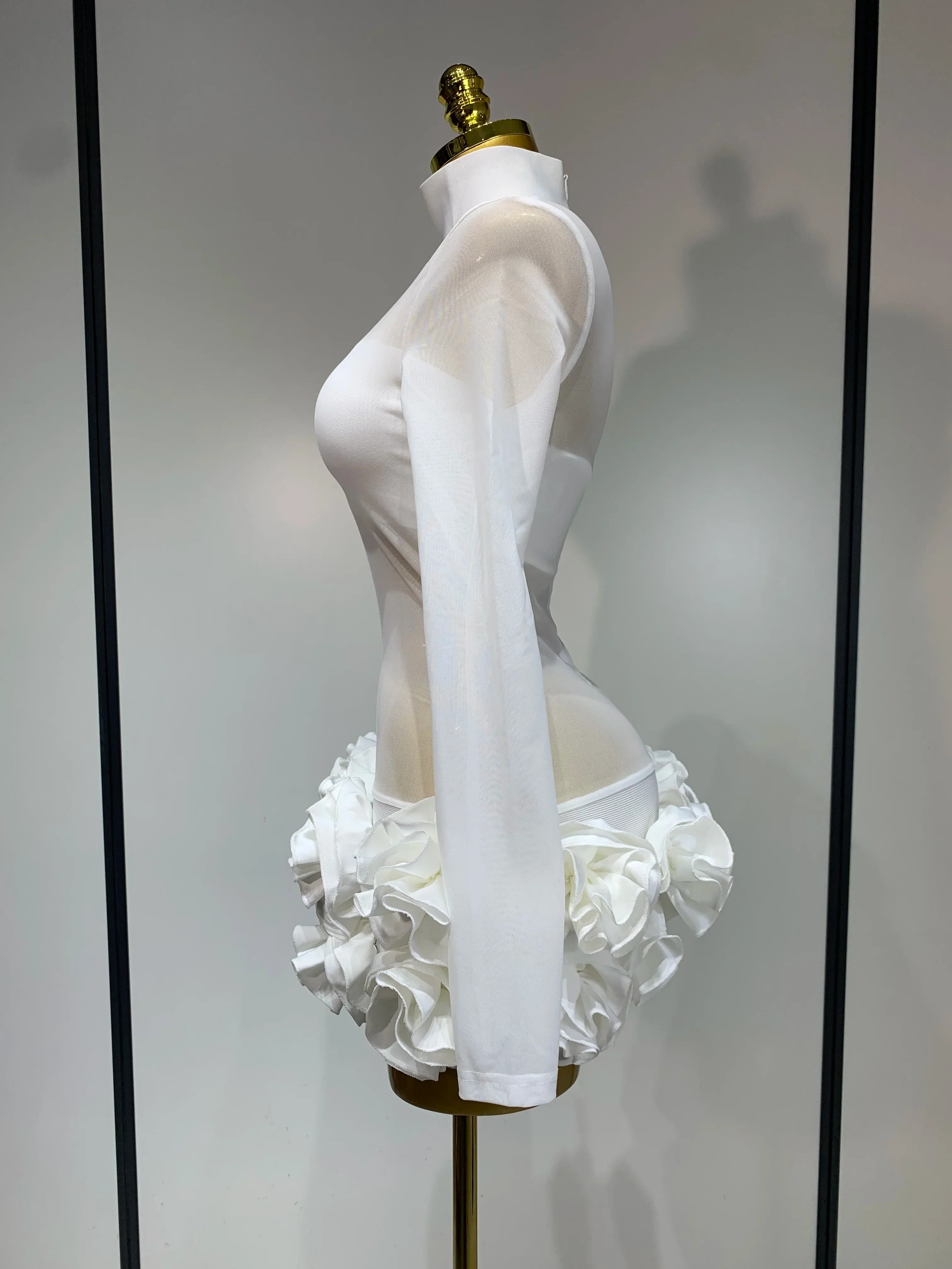 Women Sexy Mesh See through Stereoscopic Flowers White Red Mini Bandage Dress Birthday Evening Party Club Singer Perform Costume - Image 3