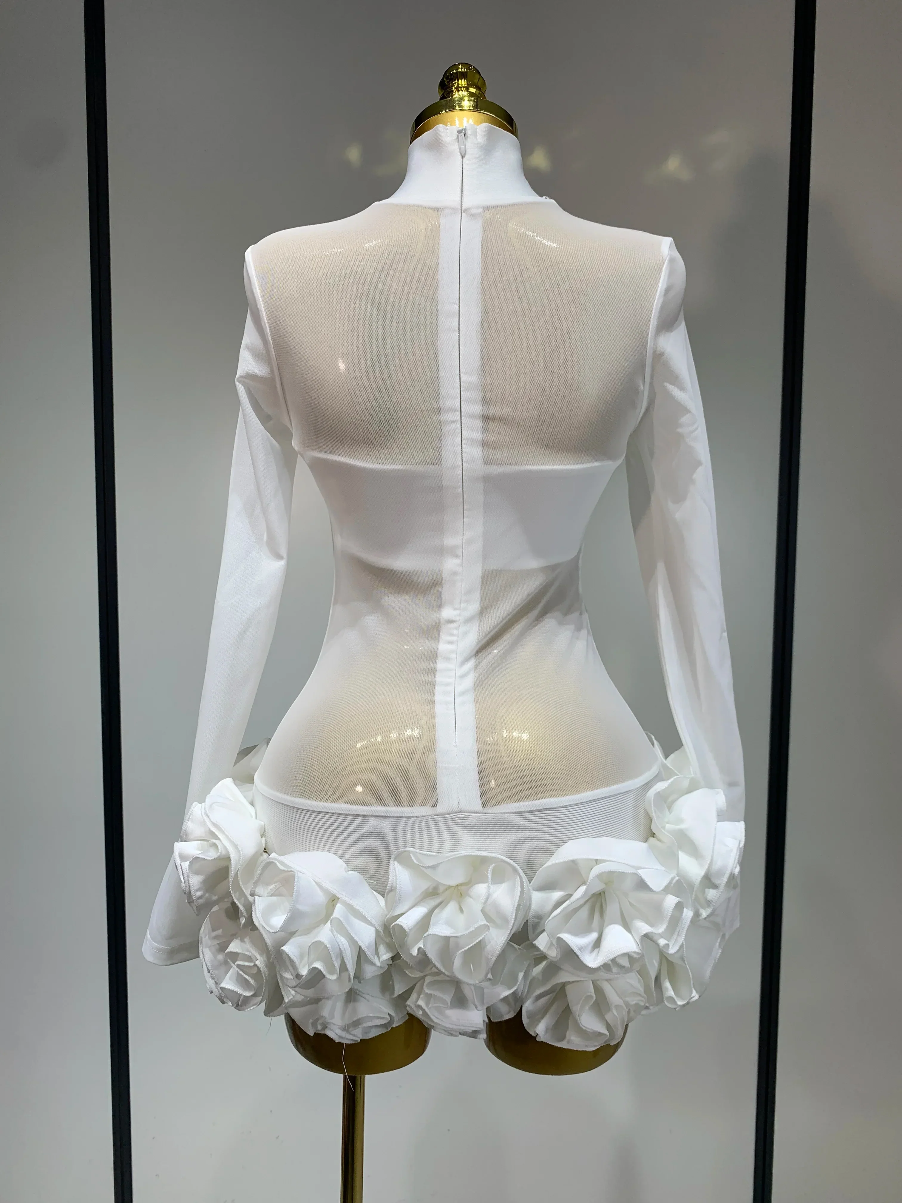 Women Sexy Mesh See through Stereoscopic Flowers White Red Mini Bandage Dress Birthday Evening Party Club Singer Perform Costume - Image 4