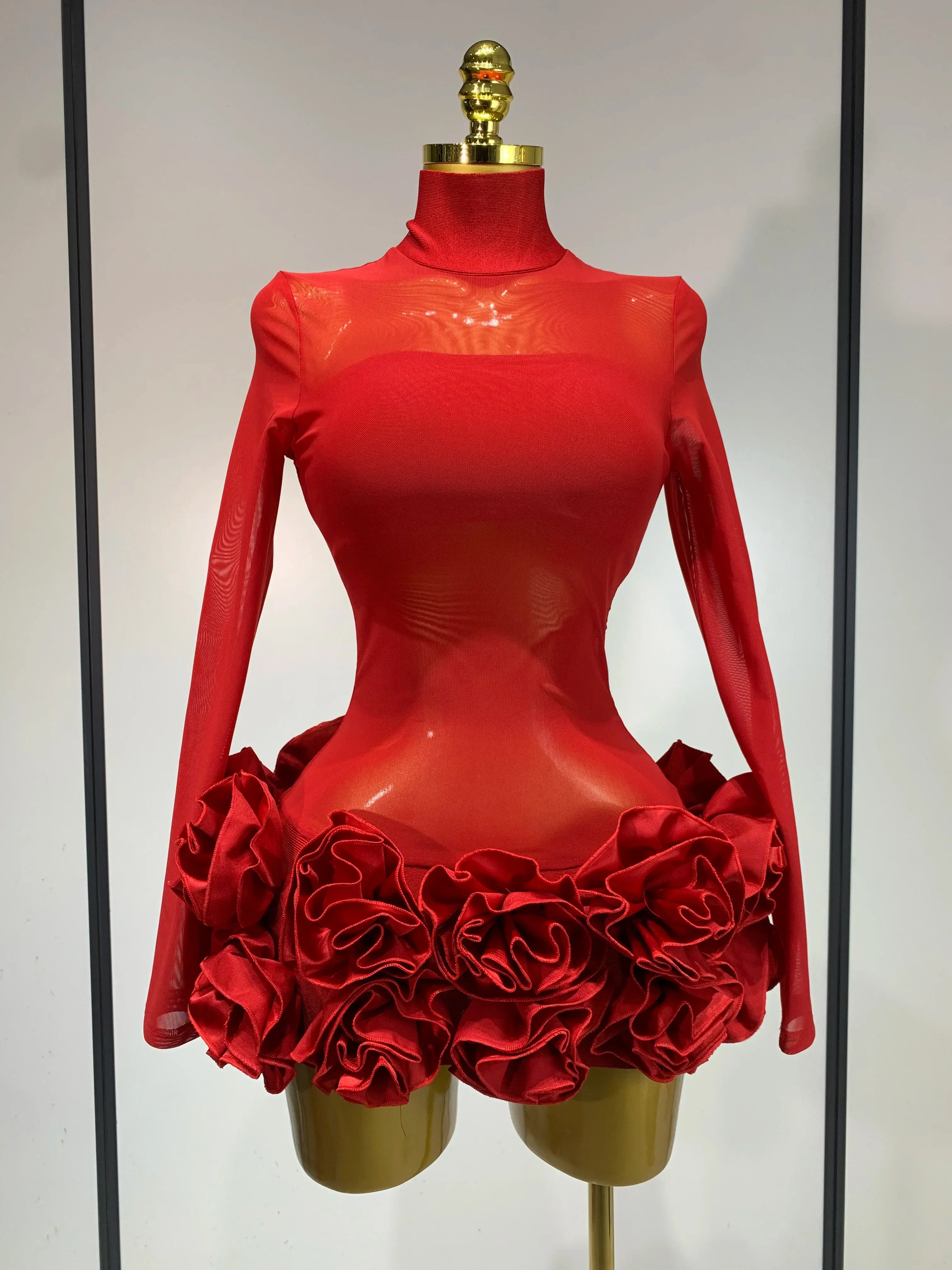 Women Sexy Mesh See through Stereoscopic Flowers White Red Mini Bandage Dress Birthday Evening Party Club Singer Perform Costume - Image 7