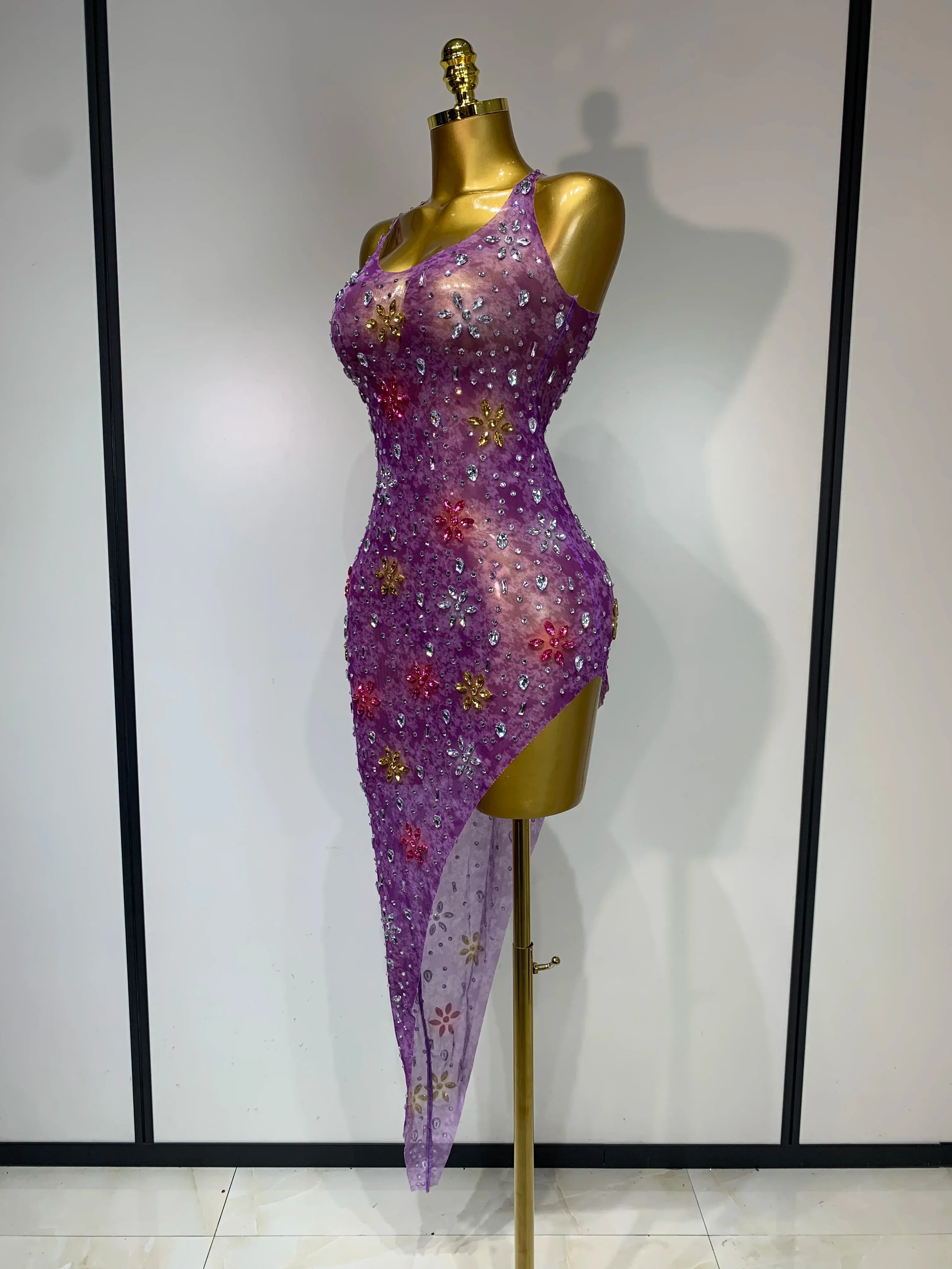 Women Sexy Mesh See Through Stretchy Sparkly Rhinestone Performance Costume Stage Dancer Nightclub Party Luxury Birthday Dress - Image 2