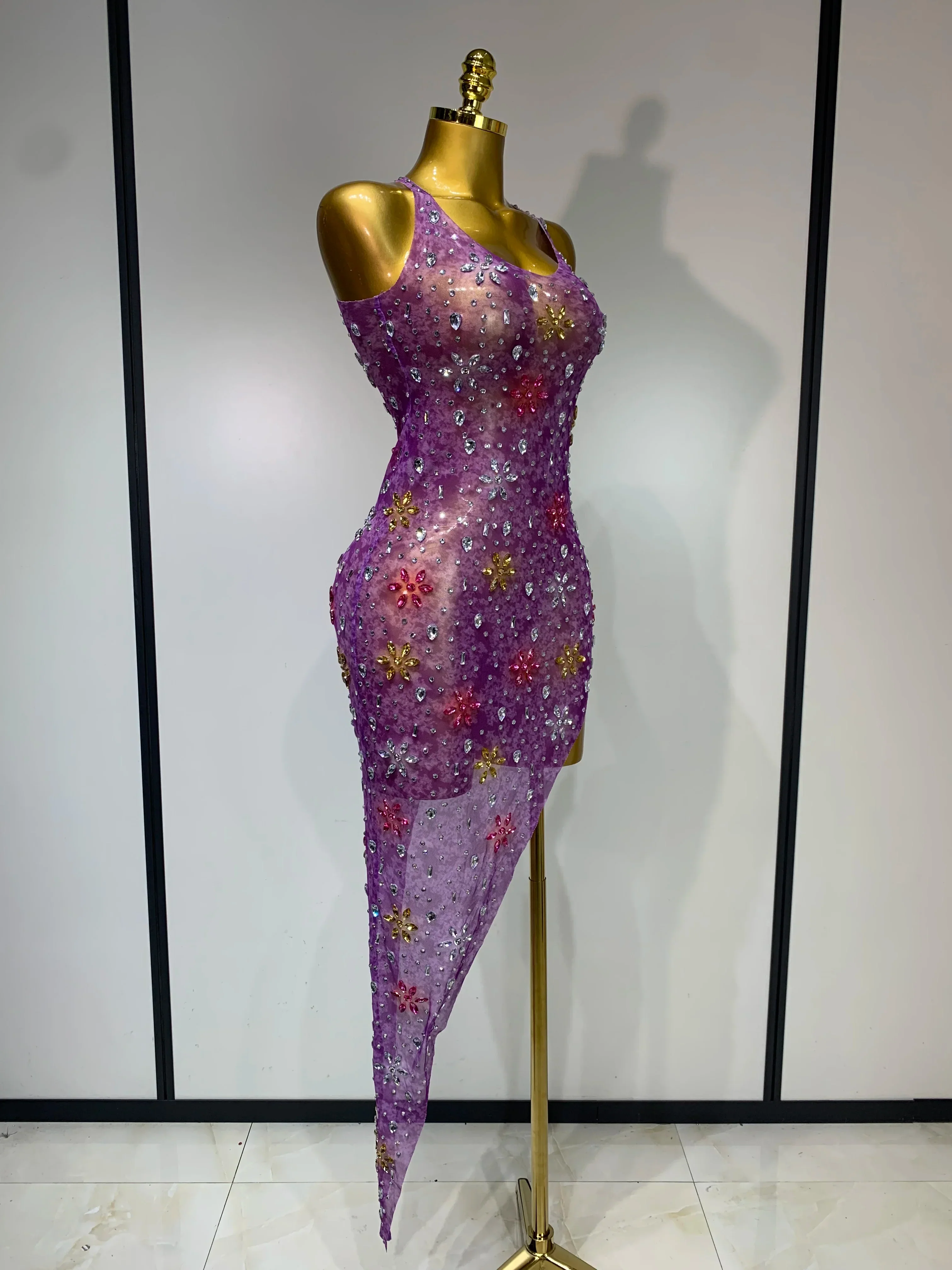 Women Sexy Mesh See Through Stretchy Sparkly Rhinestone Performance Costume Stage Dancer Nightclub Party Luxury Birthday Dress - Image 3