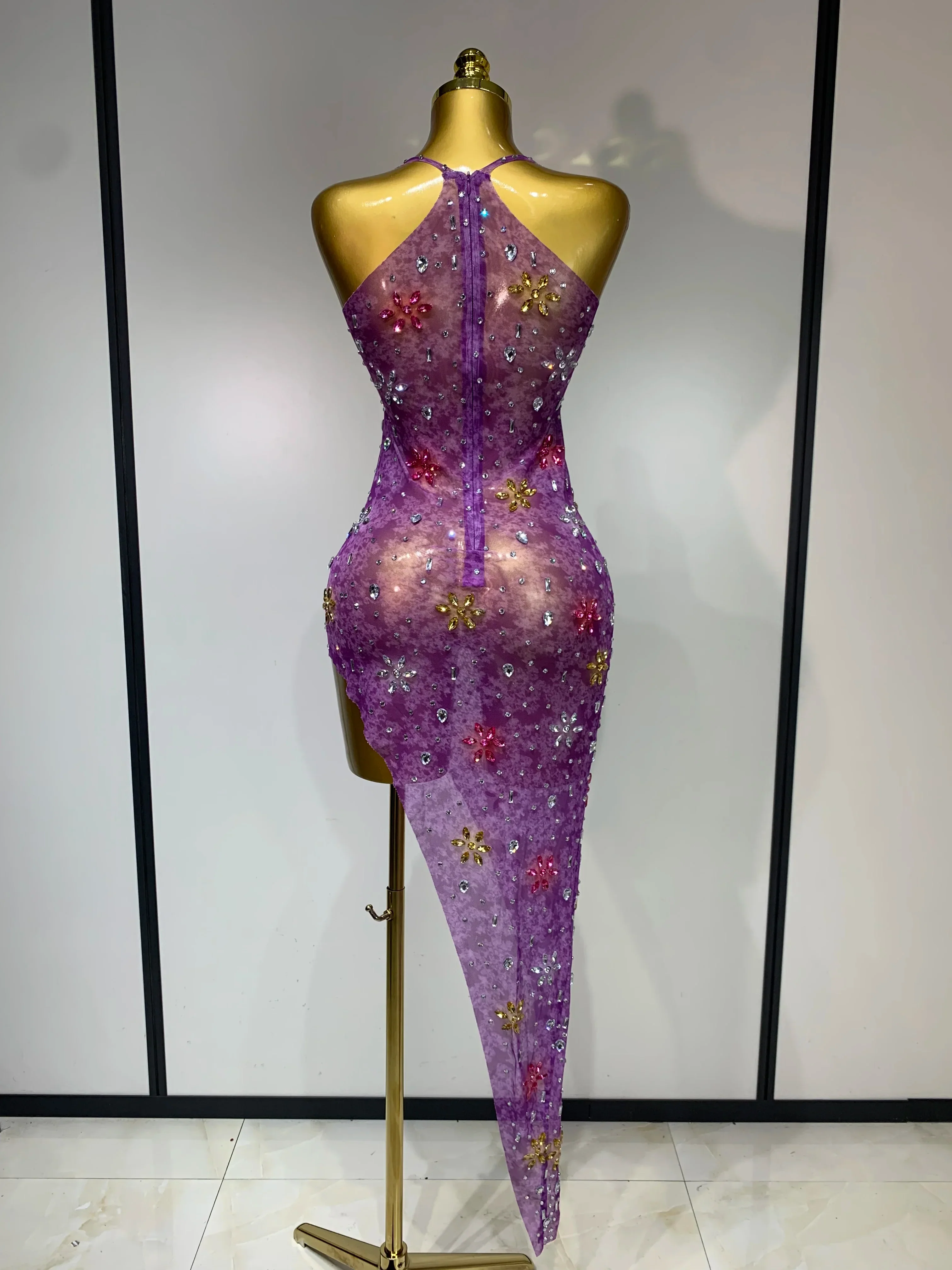 Women Sexy Mesh See Through Stretchy Sparkly Rhinestone Performance Costume Stage Dancer Nightclub Party Luxury Birthday Dress - Image 4