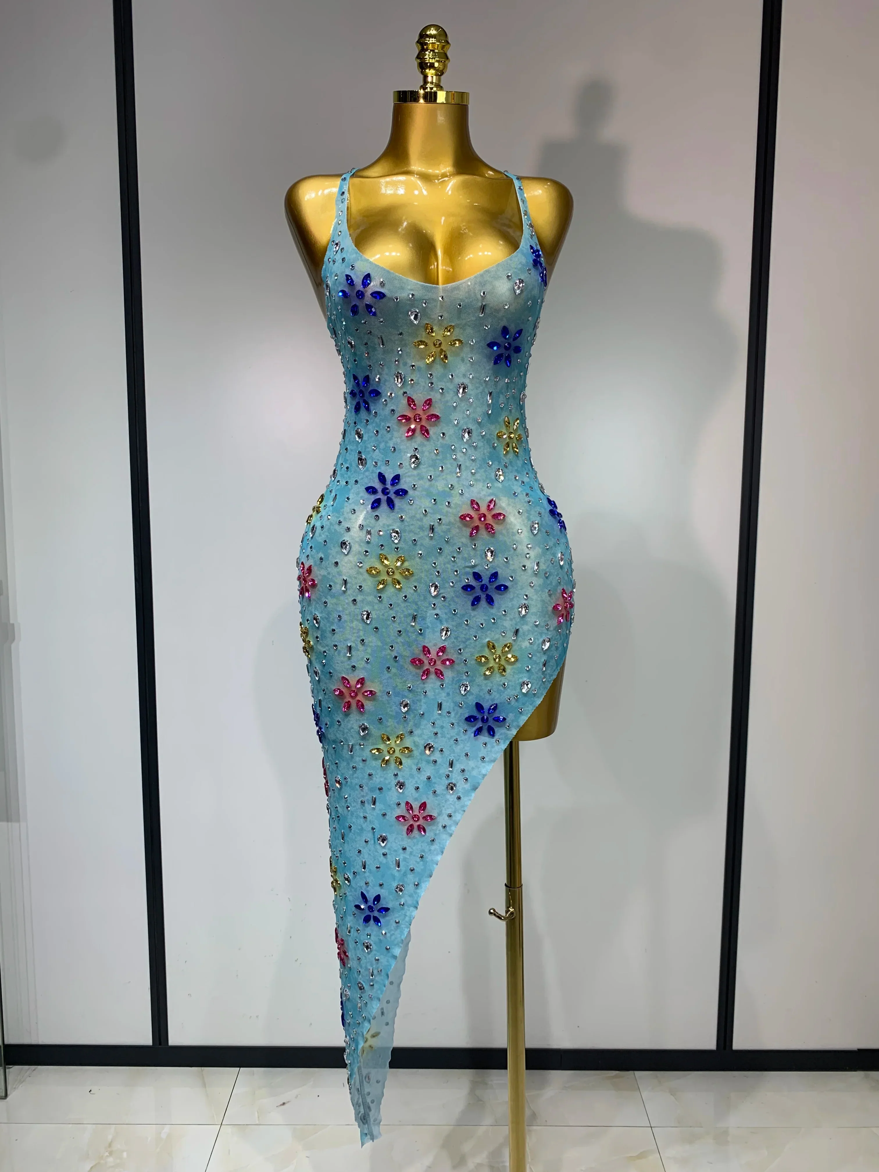 Women Sexy Mesh See Through Stretchy Sparkly Rhinestone Performance Costume Stage Dancer Nightclub Party Luxury Birthday Dress - Image 6