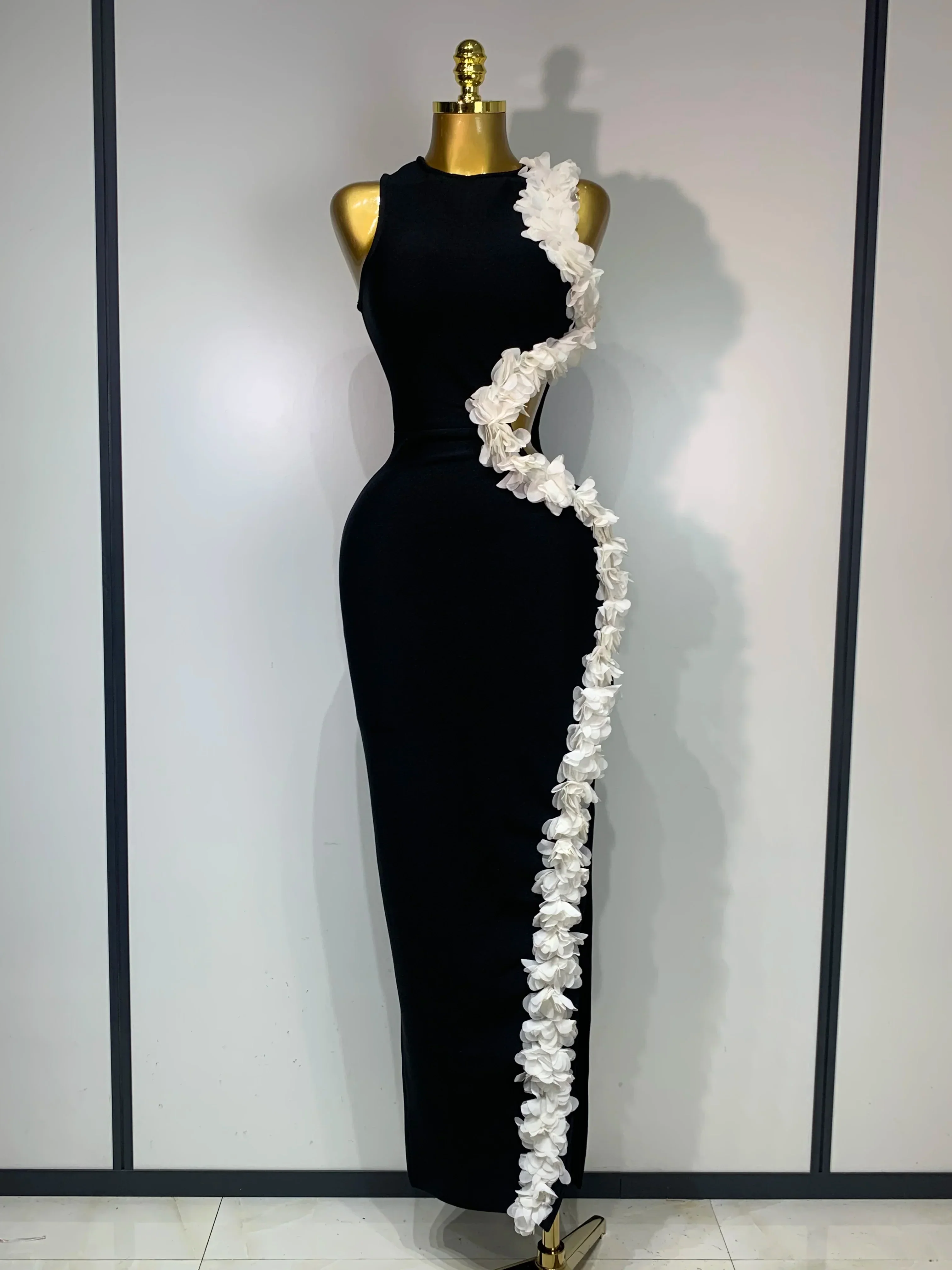 Women Sexy O Neck Flower Cut Out Maxi Long Bodycon Bandage Dress Celebrity Elegant Evening Club Party Birthday Dress