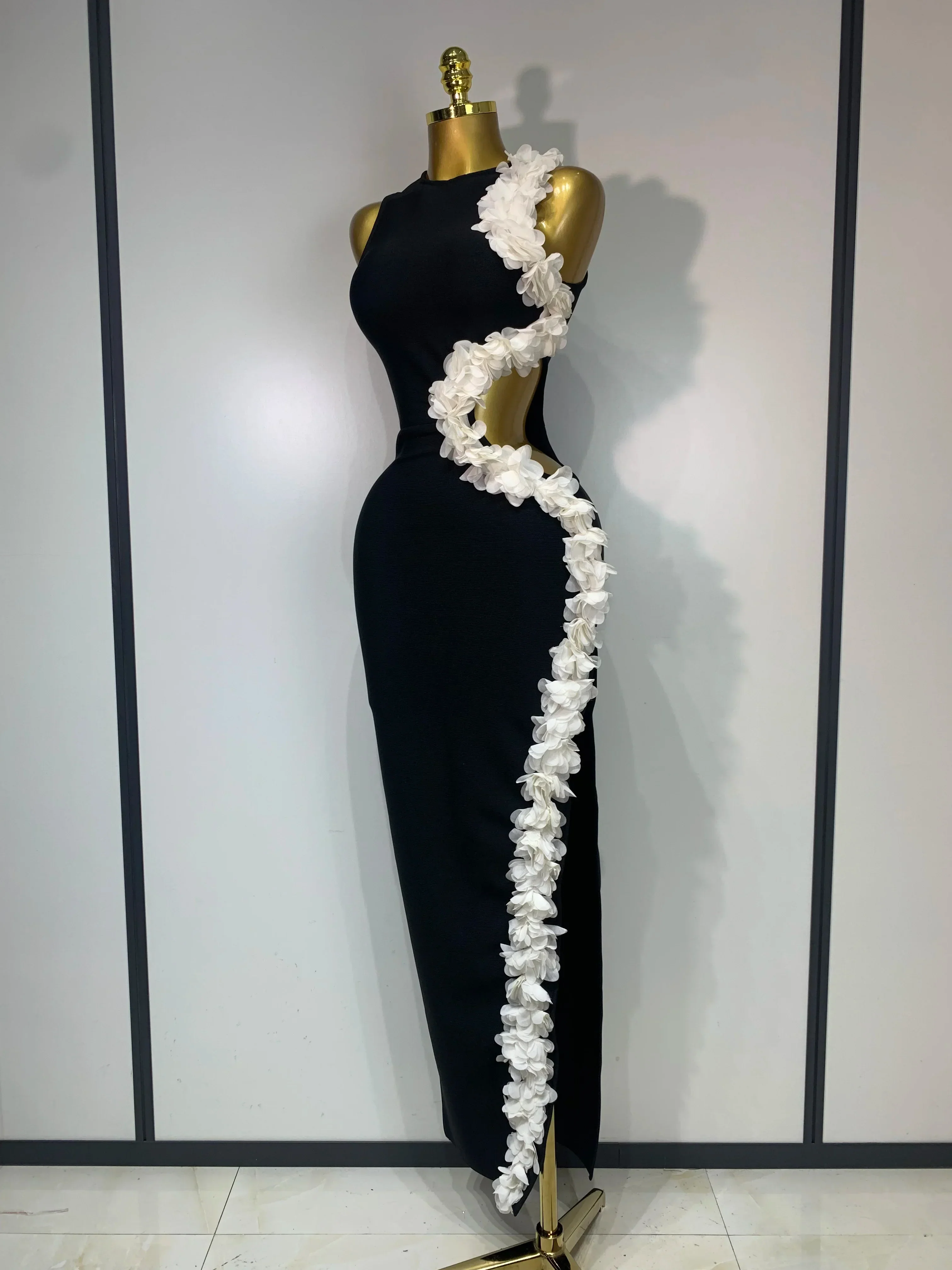 Women Sexy O Neck Flower Cut Out Maxi Long Bodycon Bandage Dress Celebrity Elegant Evening Club Party Birthday Dress - Image 2