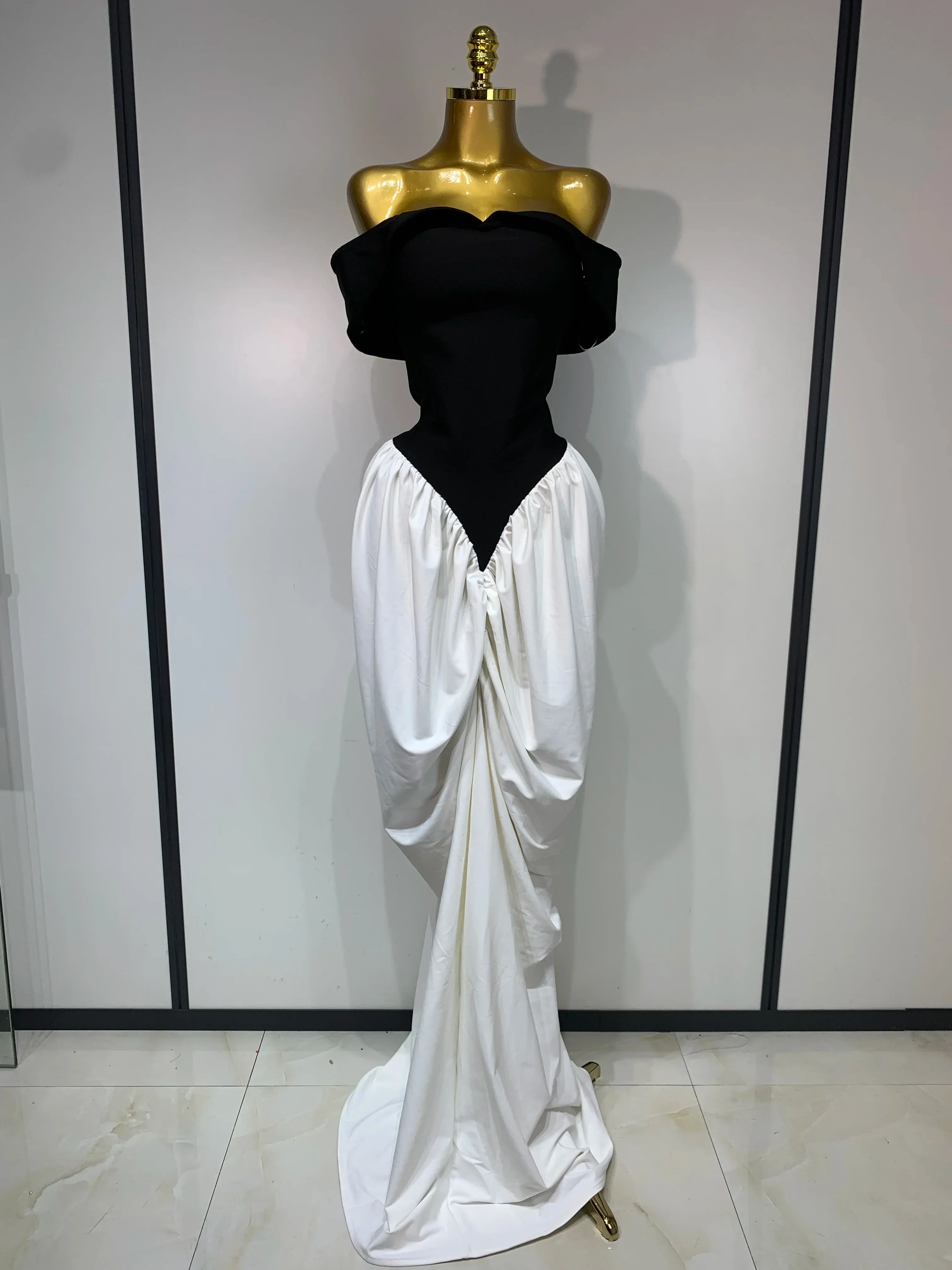 Women Sexy Off Shoulder Black And White Bandage Mermaid Long dress Formal Evening Party Elegant Luxury Birthday Dress
