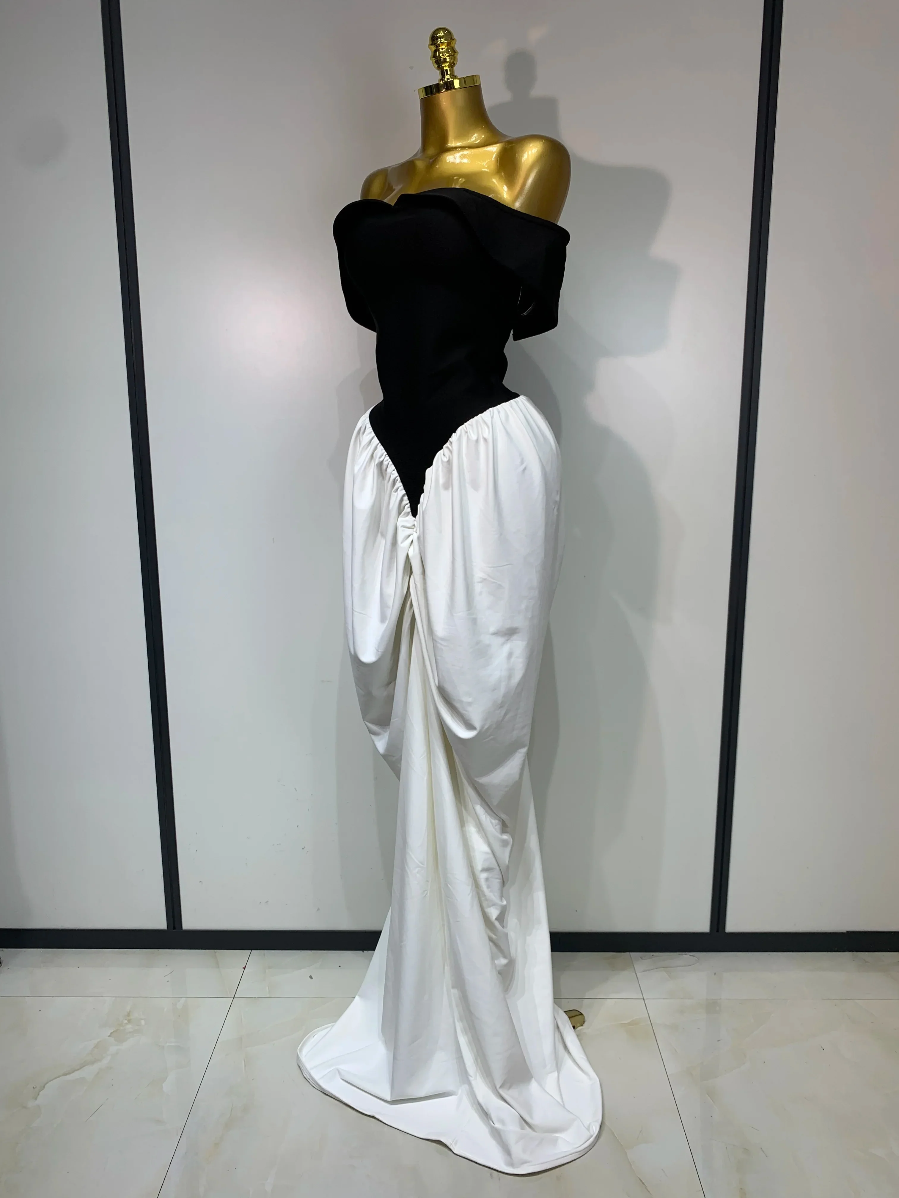Women Sexy Off Shoulder Black And White Bandage Mermaid Long dress Formal Evening Party Elegant Luxury Birthday Dress - Image 2