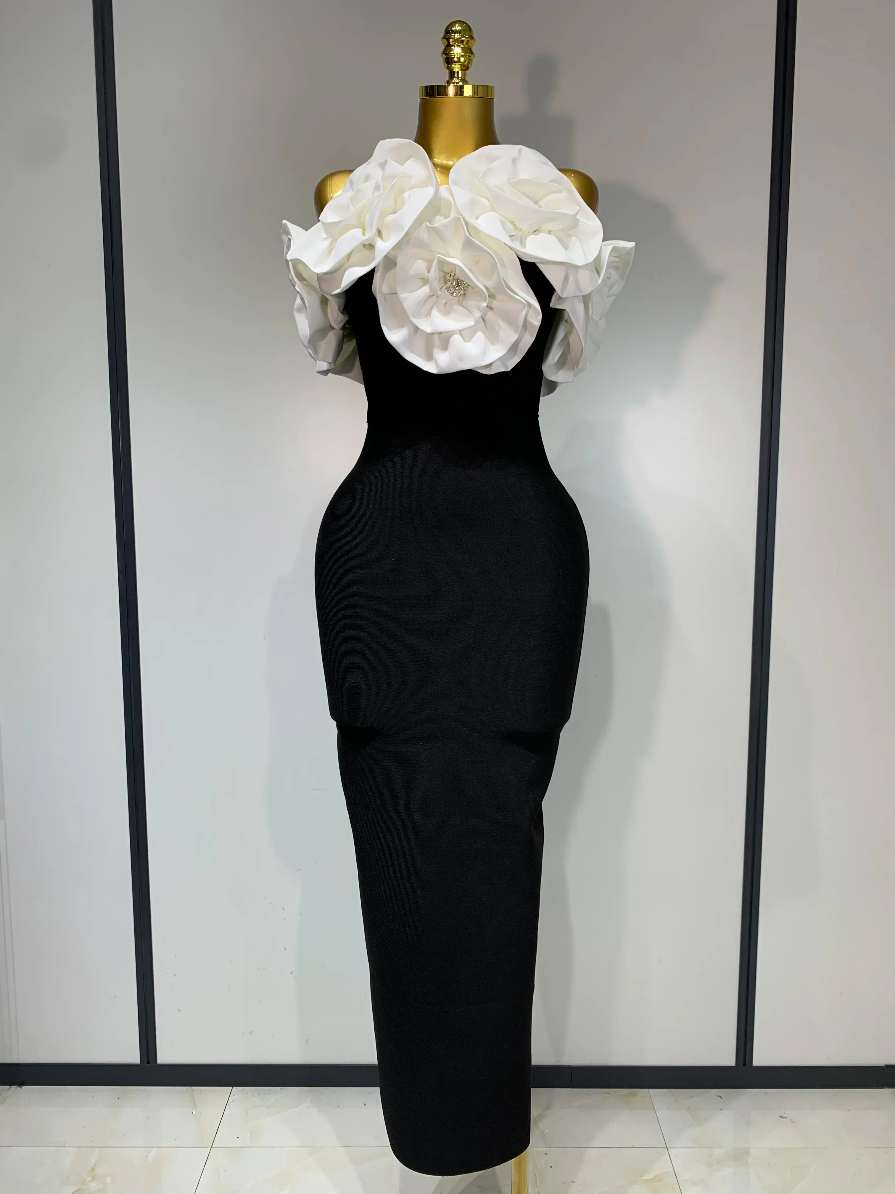 Women Sexy Off Shoulder Flower Diamonds Long Bodycon Bandage Dress  Celebrity Elegant Evening Luxury Birthday Party Dresses
