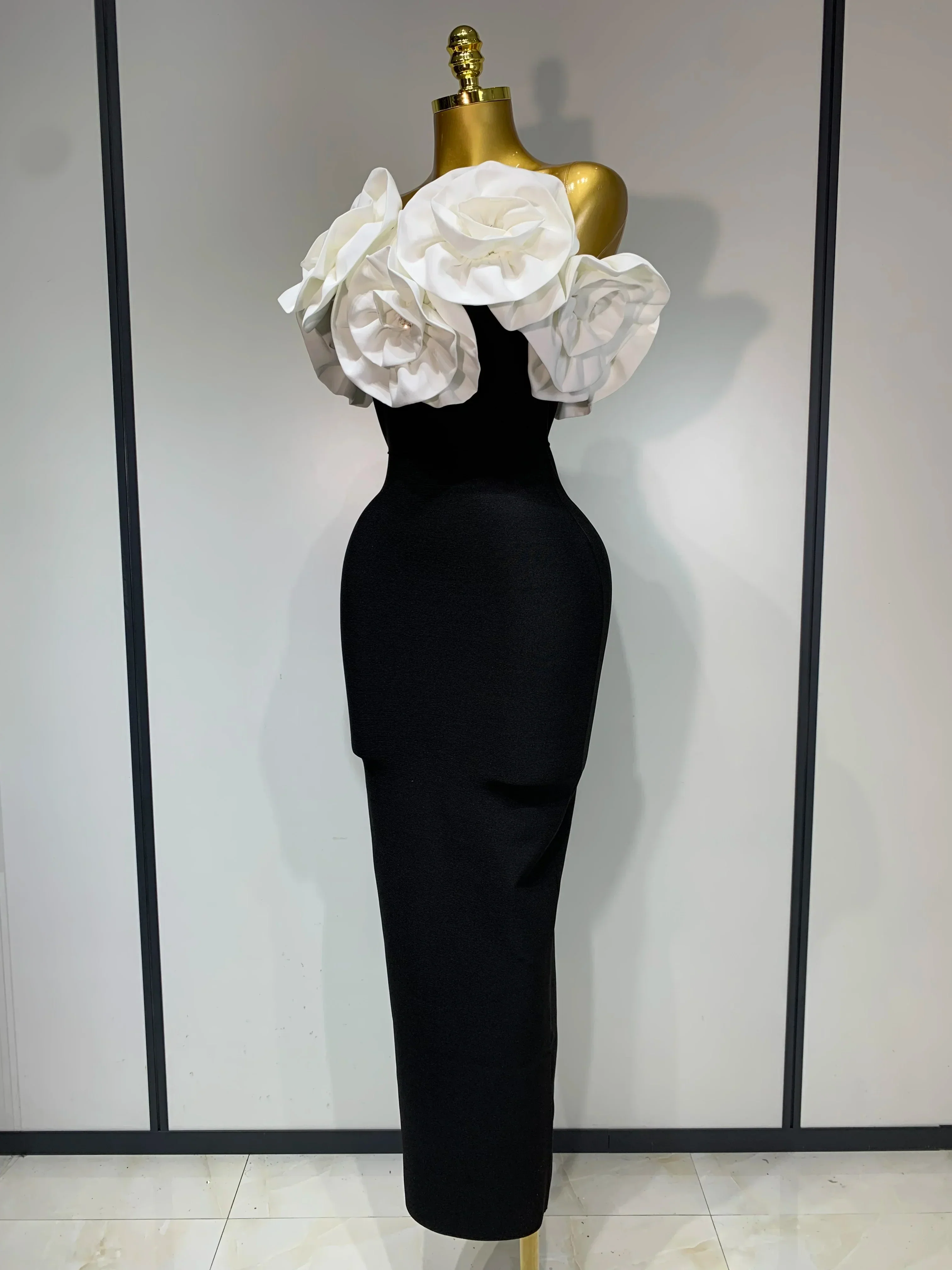 Women Sexy Off Shoulder Flower Diamonds Long Bodycon Bandage Dress  Celebrity Elegant Evening Luxury Birthday Party Dresses - Image 2