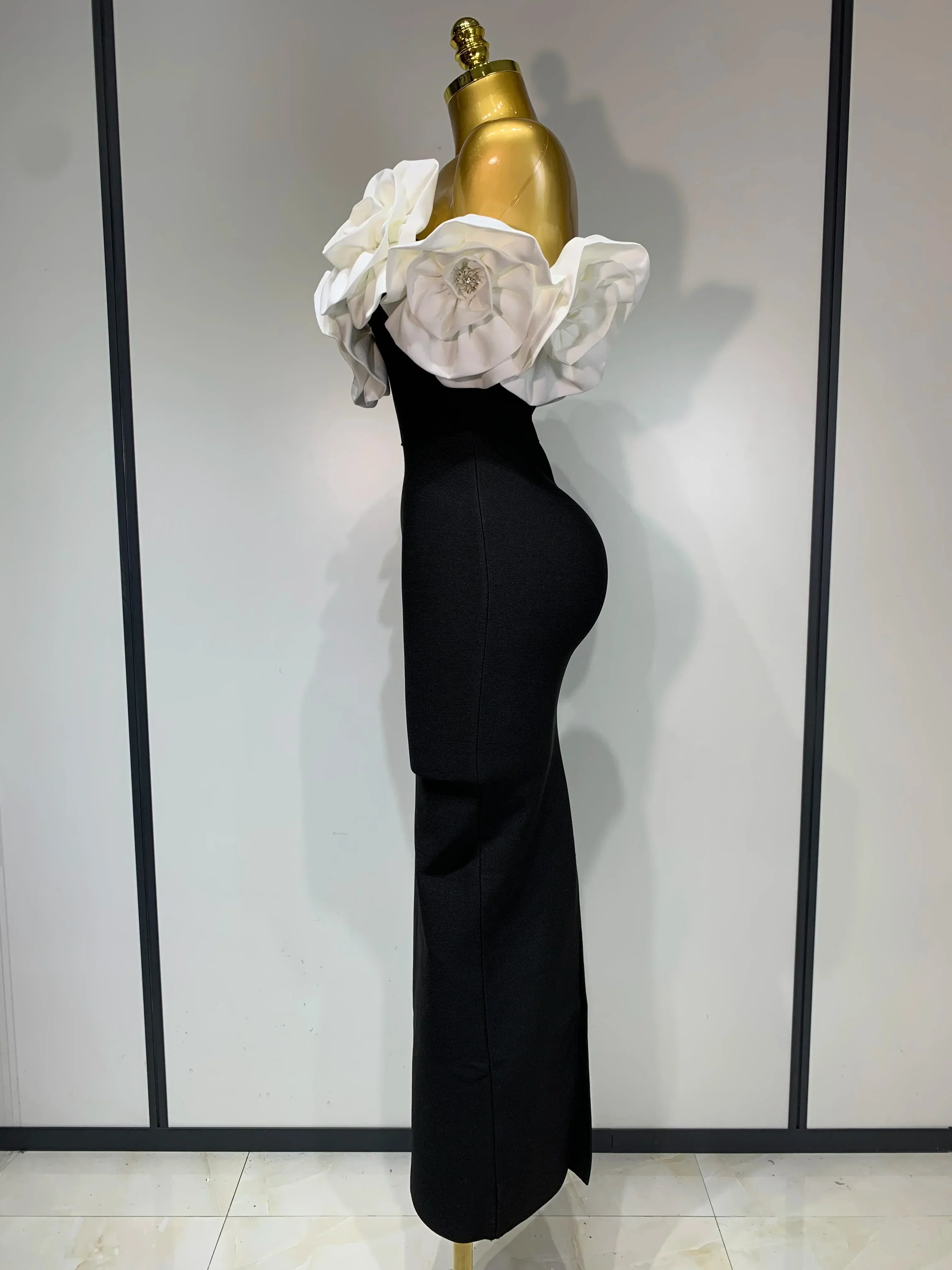 Women Sexy Off Shoulder Flower Diamonds Long Bodycon Bandage Dress  Celebrity Elegant Evening Luxury Birthday Party Dresses - Image 3