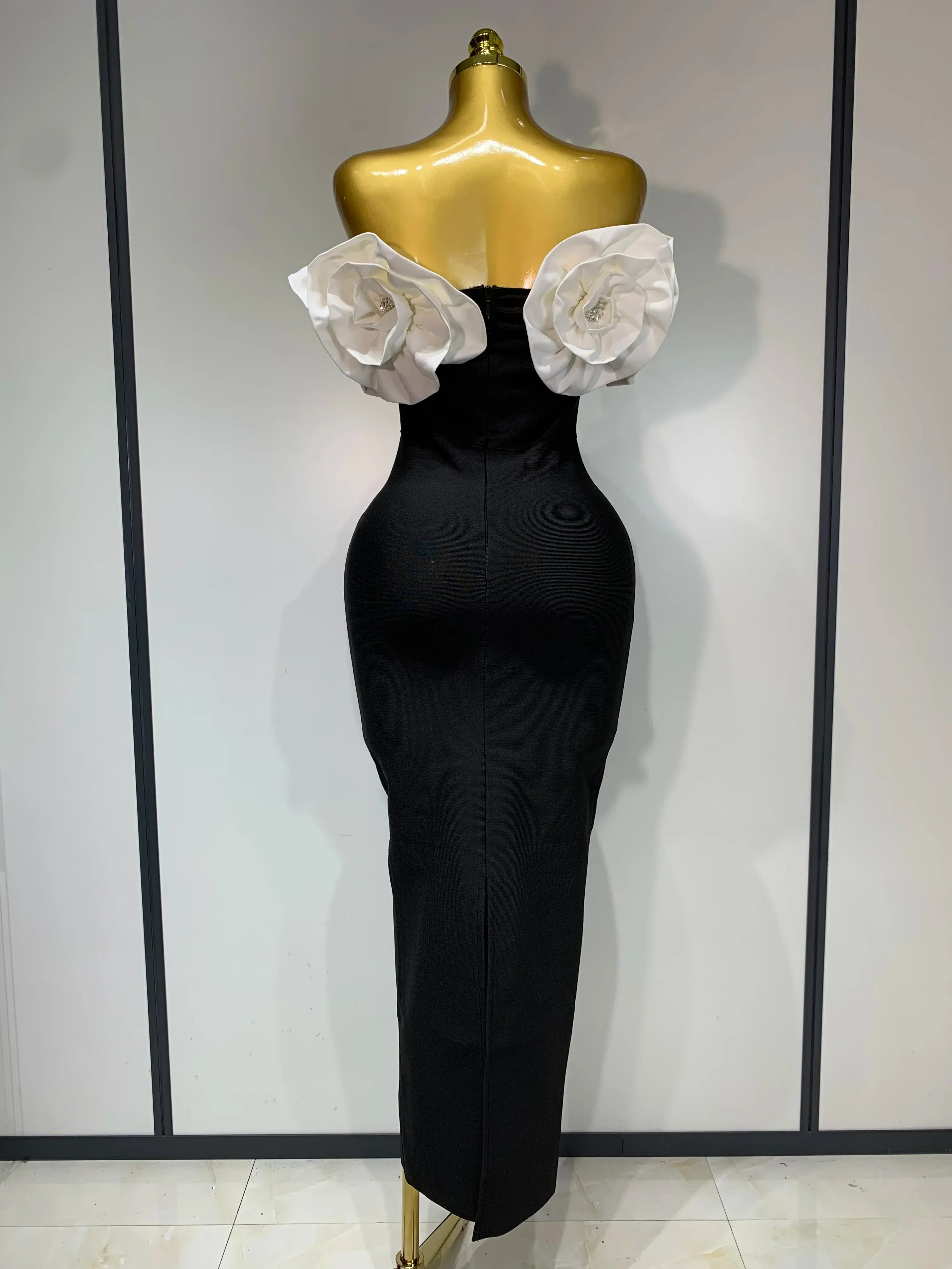 Women Sexy Off Shoulder Flower Diamonds Long Bodycon Bandage Dress  Celebrity Elegant Evening Luxury Birthday Party Dresses - Image 4