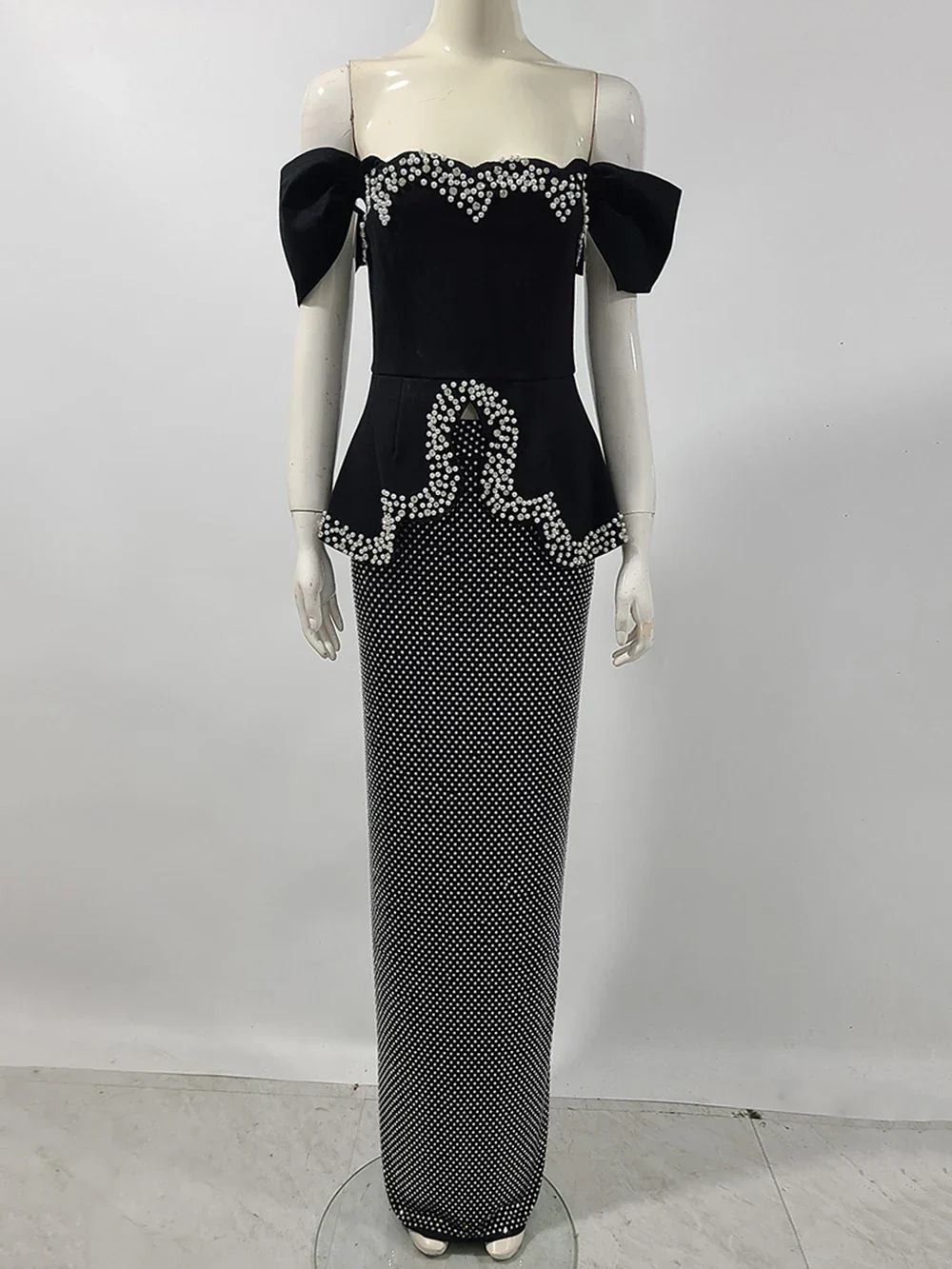 Women Sexy Off Shoulder Pearl Diamond Black Maxi Long Bandage Two Piece Set Elegant Evening Club Party Prom Gowns - Image 2