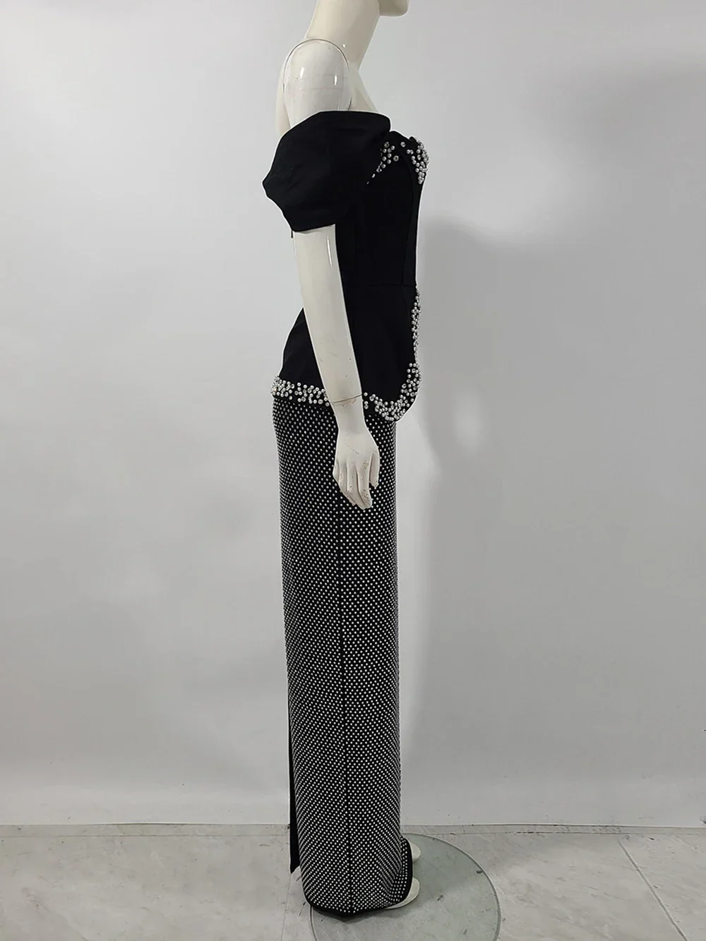 Women Sexy Off Shoulder Pearl Diamond Black Maxi Long Bandage Two Piece Set Elegant Evening Club Party Prom Gowns - Image 3