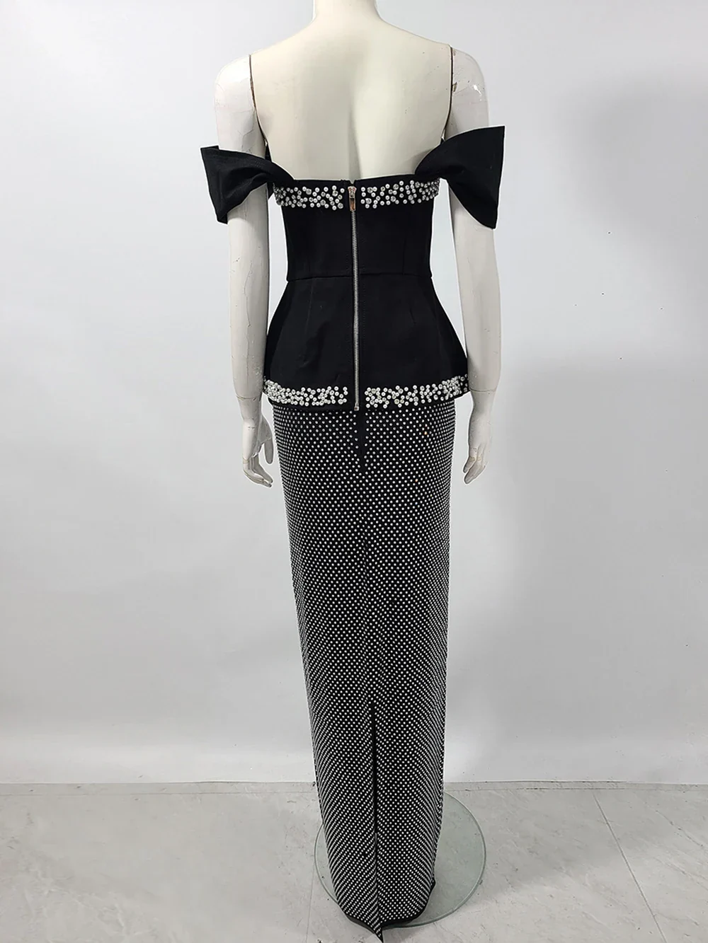 Women Sexy Off Shoulder Pearl Diamond Black Maxi Long Bandage Two Piece Set Elegant Evening Club Party Prom Gowns - Image 4
