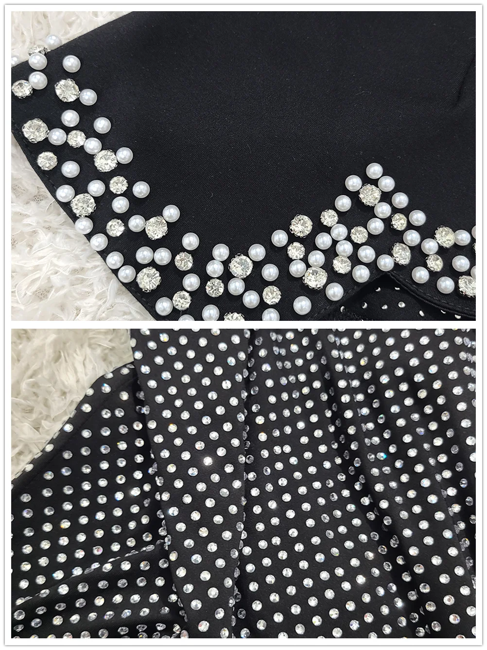 Women Sexy Off Shoulder Pearl Diamond Black Maxi Long Bandage Two Piece Set Elegant Evening Club Party Prom Gowns - Image 6