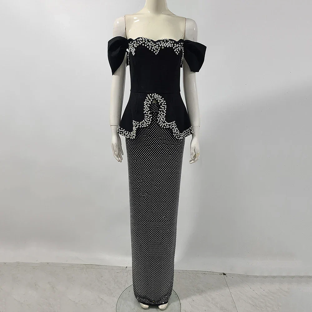 Women Sexy Off Shoulder Pearl Diamond Black Maxi Long Bandage Two Piece Set Elegant Evening Club Party Prom Gowns - Image 7