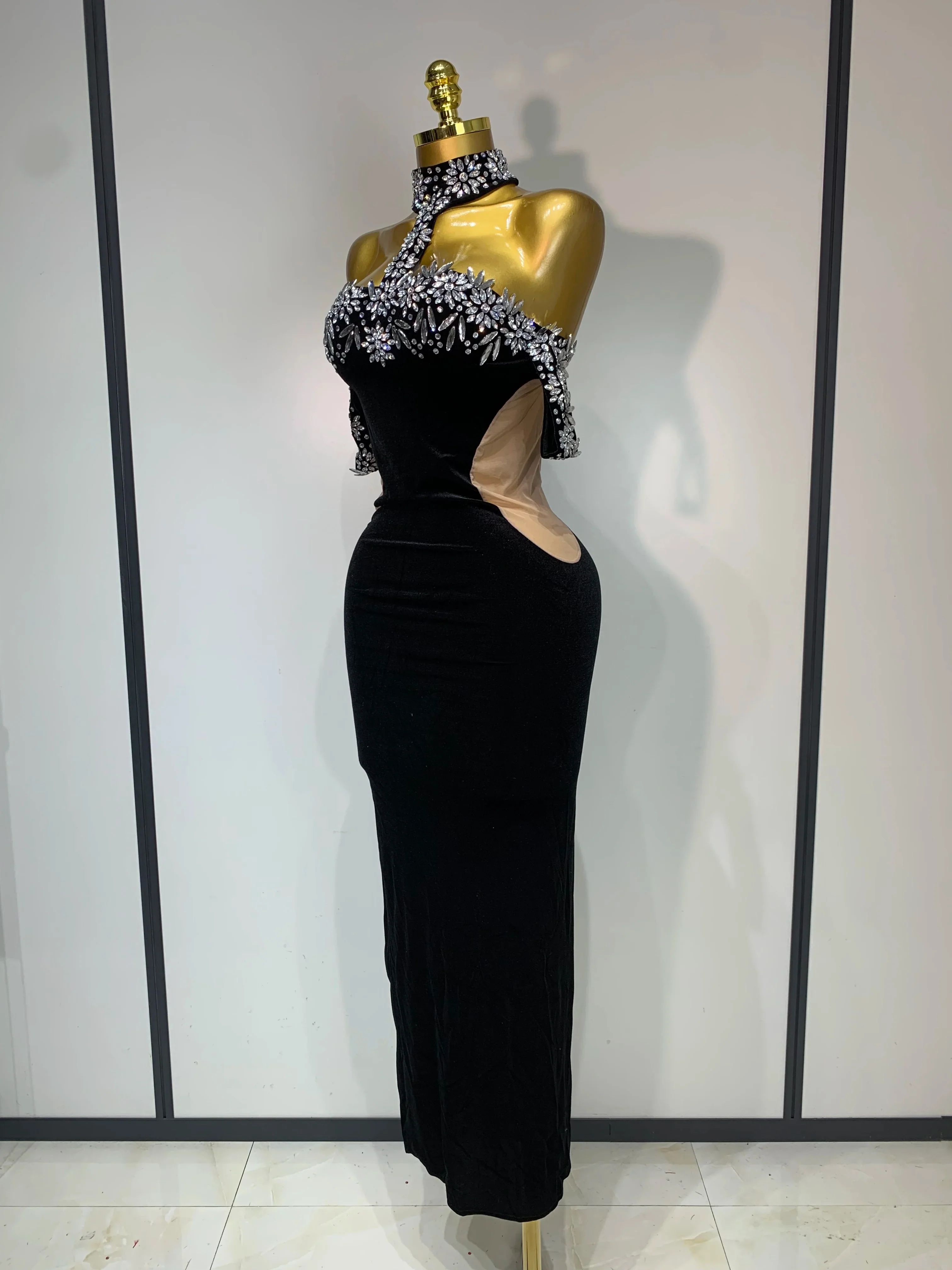 Women Sexy Off the Shoulder Shinning Crystal Bodycon Long Dress Velvet Celebrate Nightclub Party Birthday Dresses - Image 2
