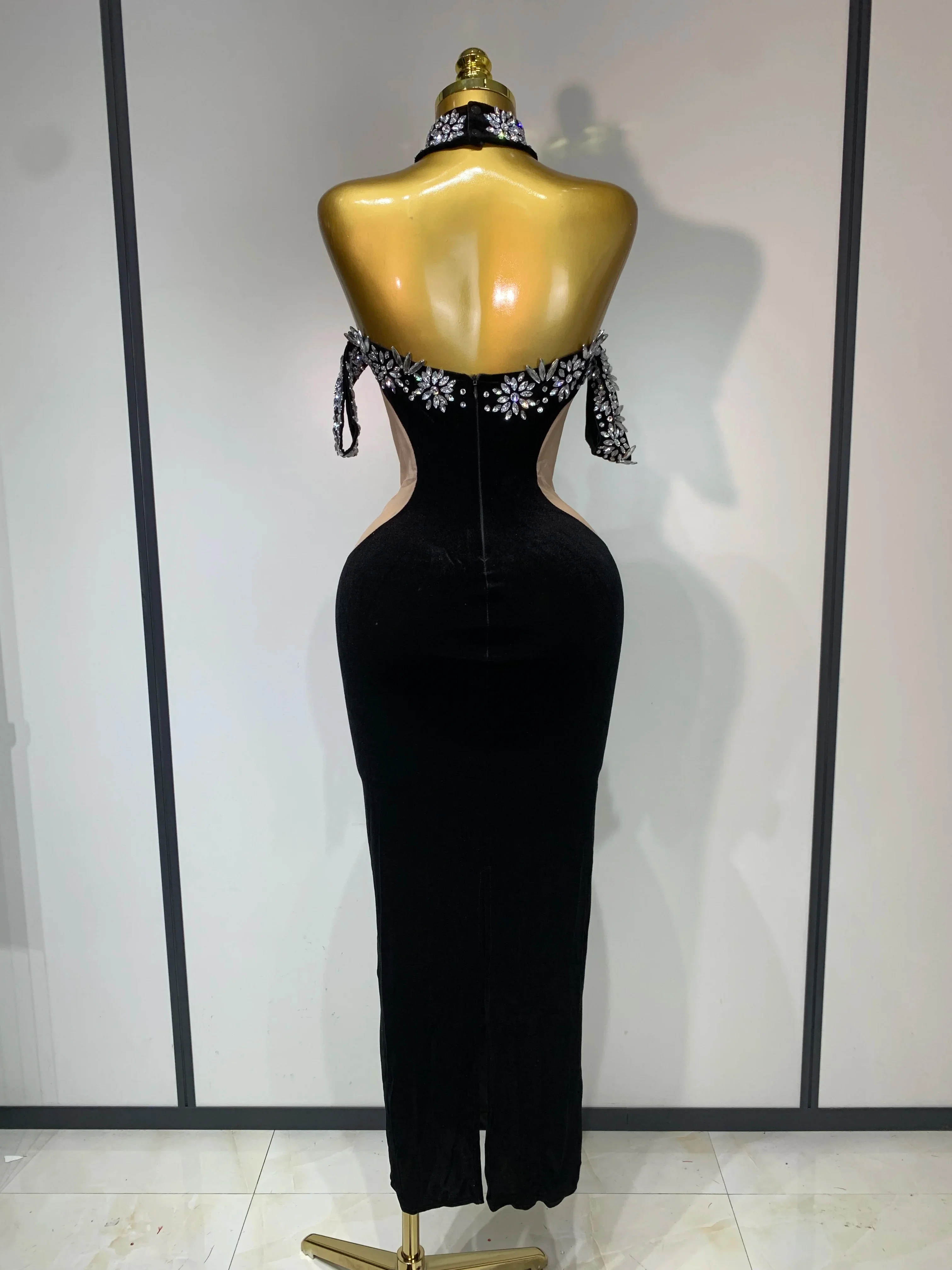 Women Sexy Off the Shoulder Shinning Crystal Bodycon Long Dress Velvet Celebrate Nightclub Party Birthday Dresses - Image 4