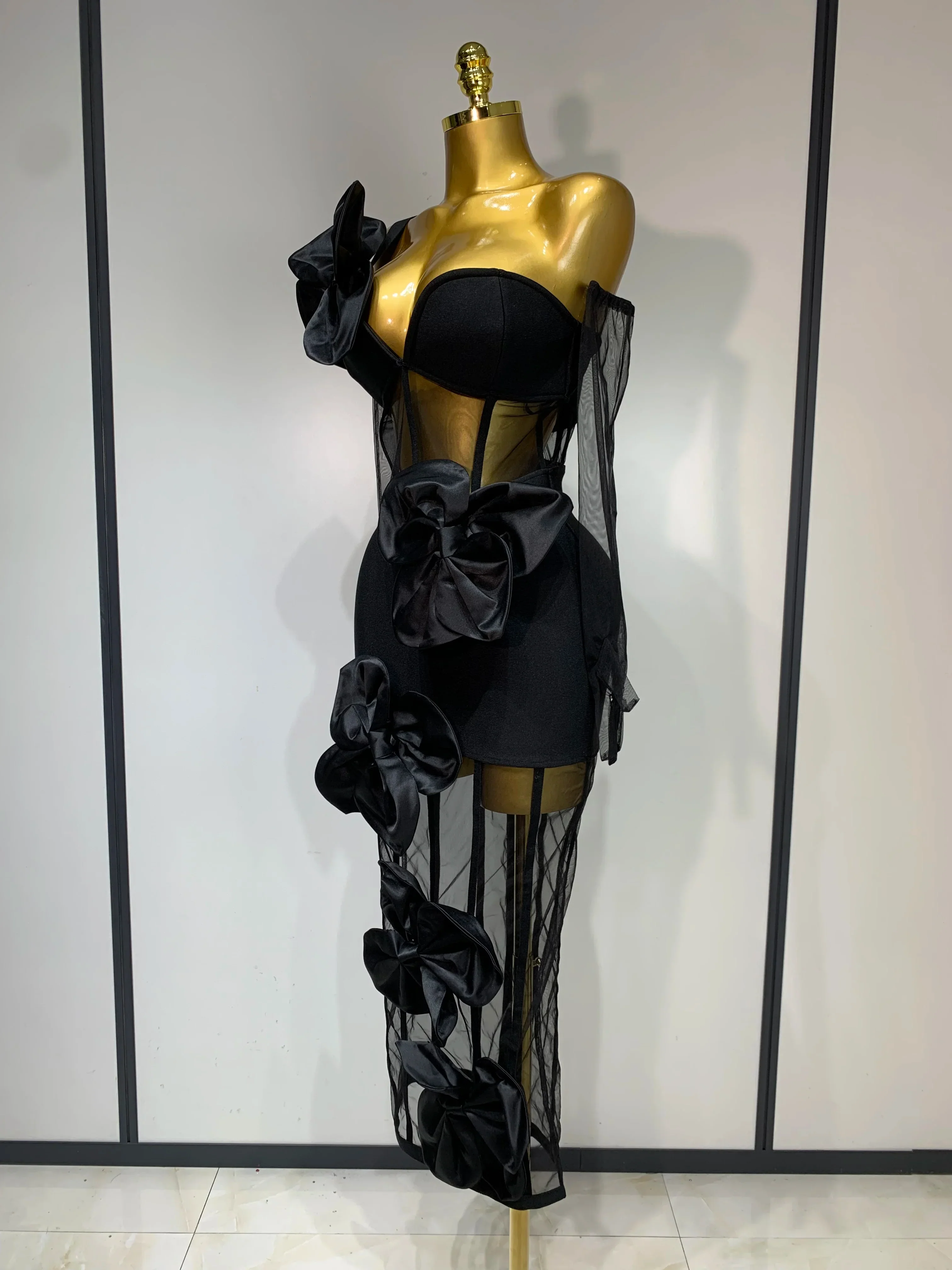 Women Sexy One Shoulder Bow Mesh See Through Bandage Bodycon Dress With Gloves Black Sleeveless Elegant Party Birthday Dresses - Image 3