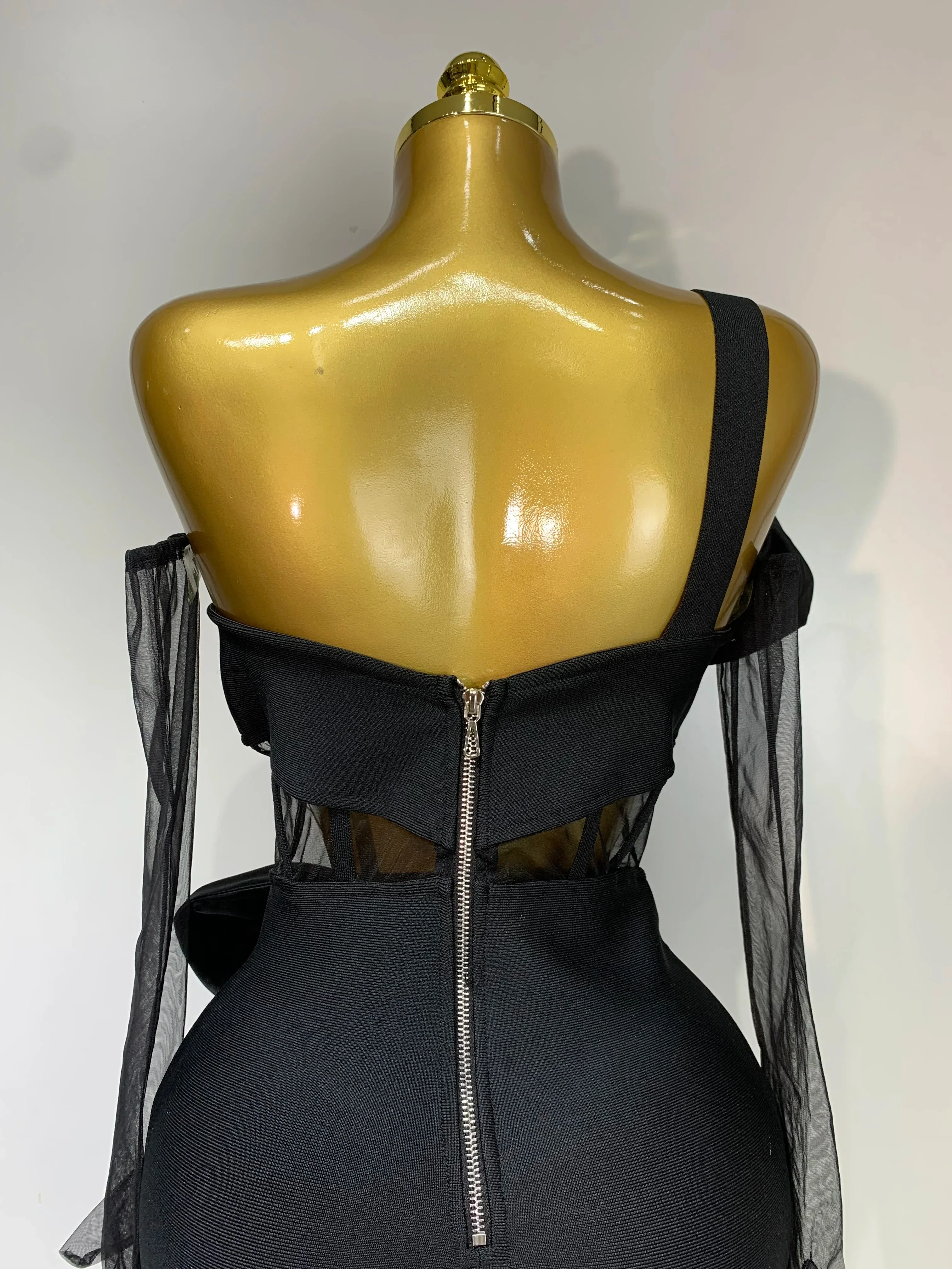 Women Sexy One Shoulder Bow Mesh See Through Bandage Bodycon Dress With Gloves Black Sleeveless Elegant Party Birthday Dresses - Image 6