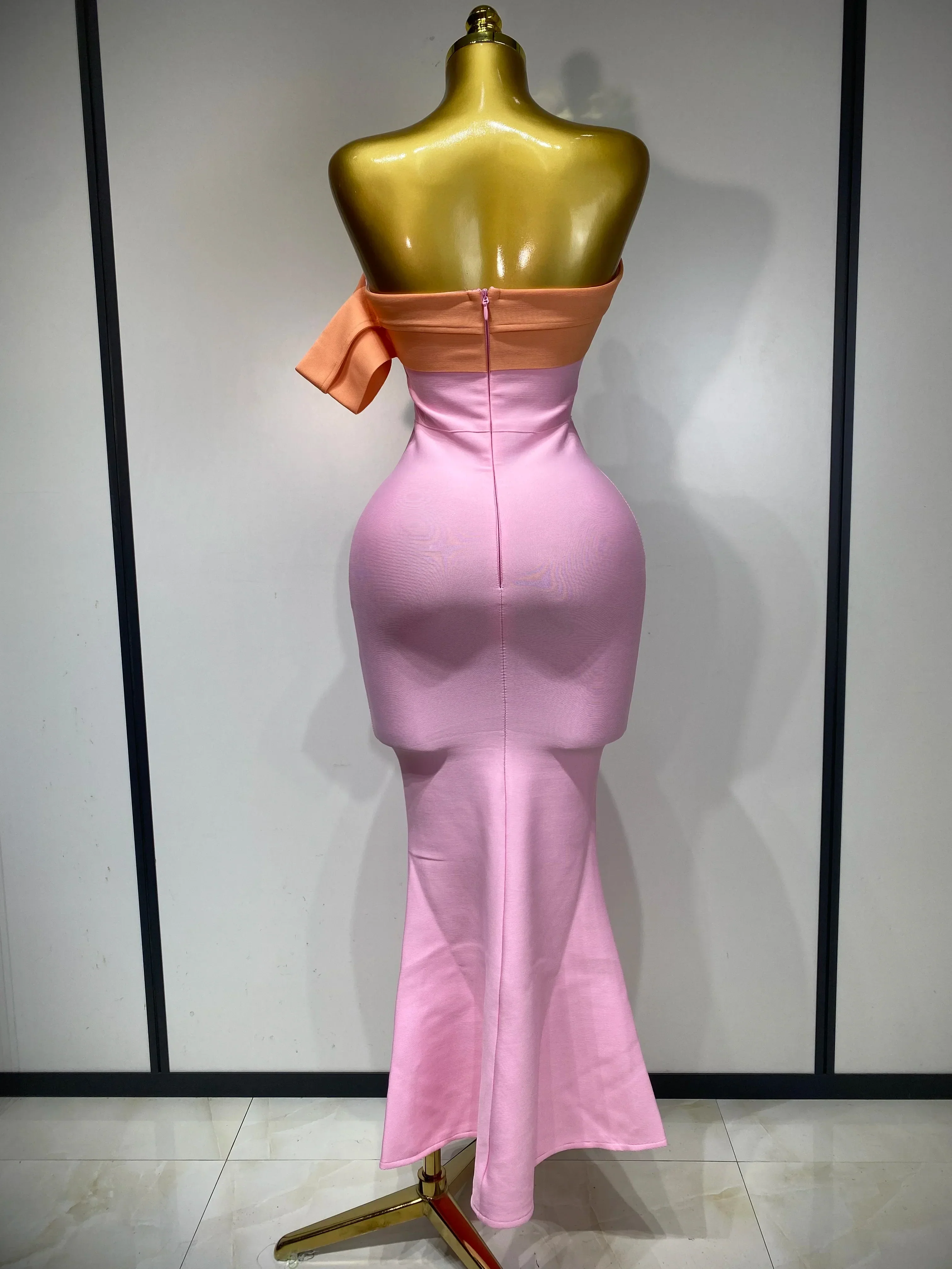 Women Sexy One Shoulder Color Block Bodycon Bandage Dress  Celebrity Elegant Evening Club Luxury Birthday Party Outfit - Image 3
