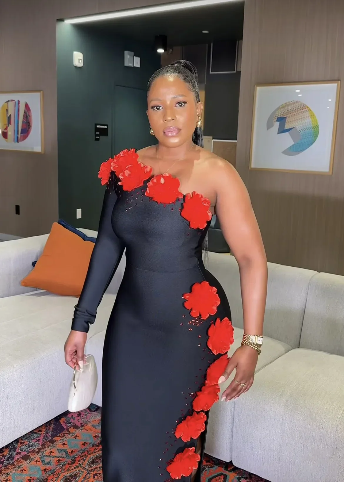 Women Sexy One Shoulder Long Sleeve Red Florlas Rhinestones Bodyocn Long Bandage Dress Nightclub Party Celebrate Birthday Wear - Image 2