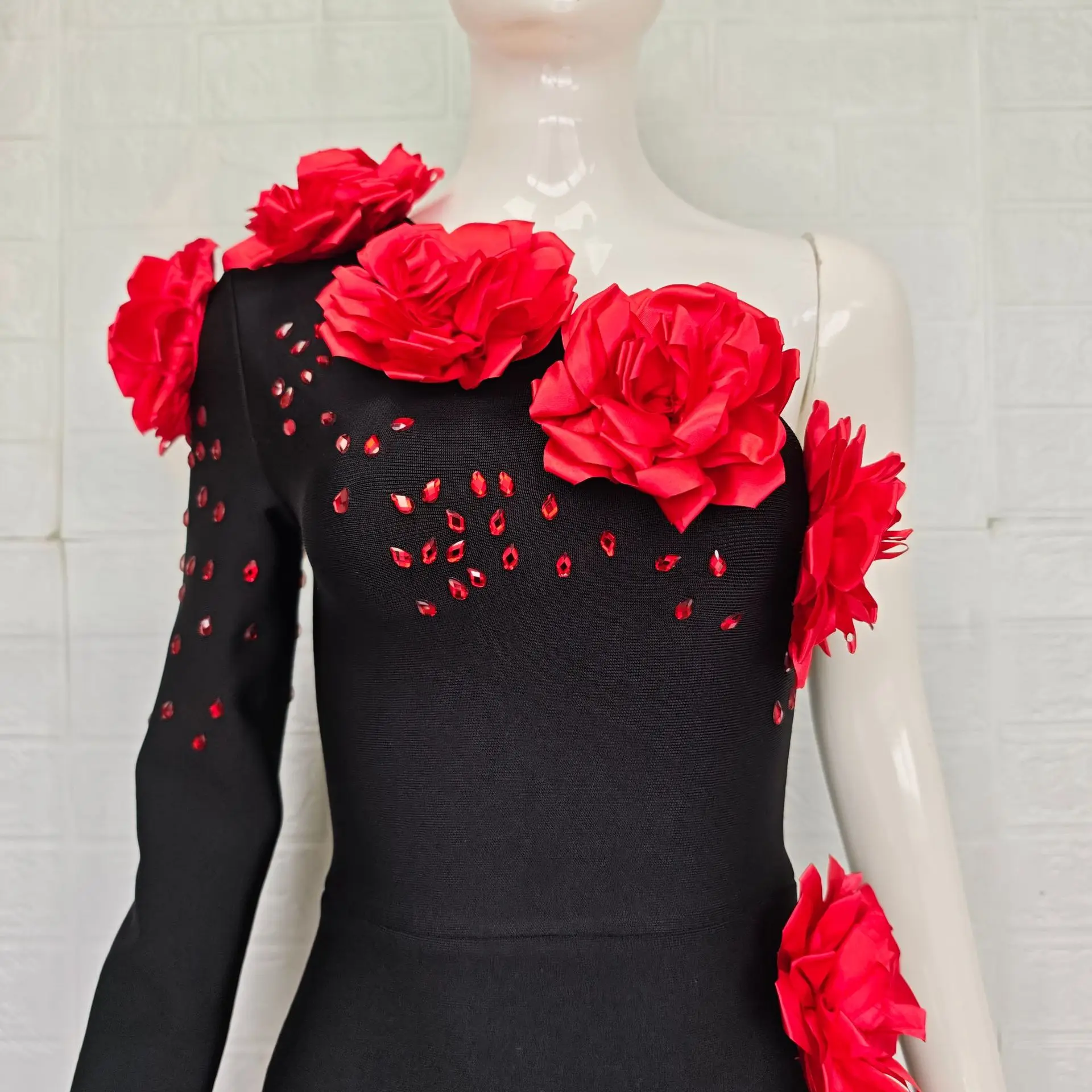 Women Sexy One Shoulder Long Sleeve Red Florlas Rhinestones Bodyocn Long Bandage Dress Nightclub Party Celebrate Birthday Wear - Image 5