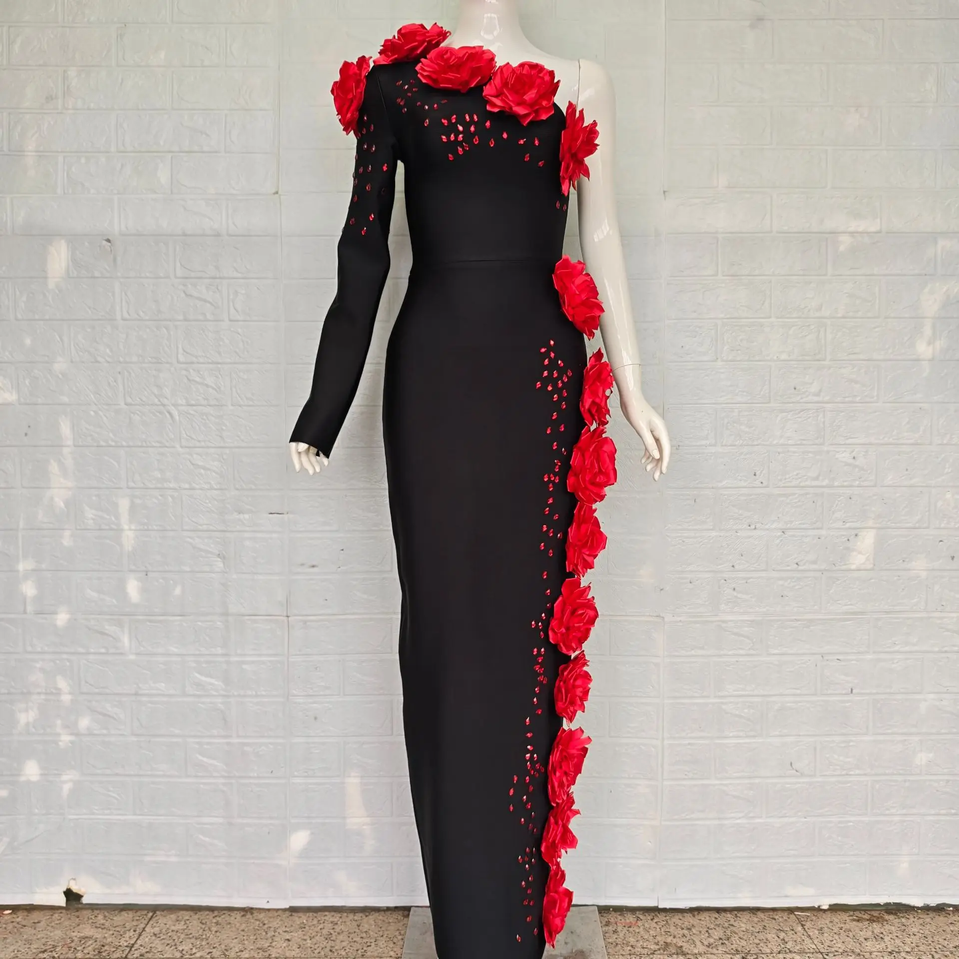 Women Sexy One Shoulder Long Sleeve Red Florlas Rhinestones Bodyocn Long Bandage Dress Nightclub Party Celebrate Birthday Wear - Image 6