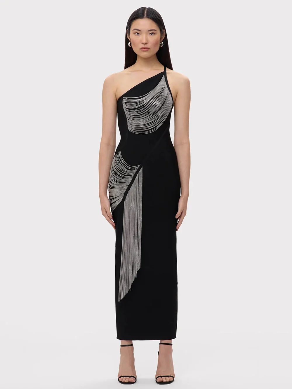 Women Sexy One shoulder Tassels Black Maxi Bodycon Bandage Dress Summer Elegant Cocktail Evening Club Party Gowns