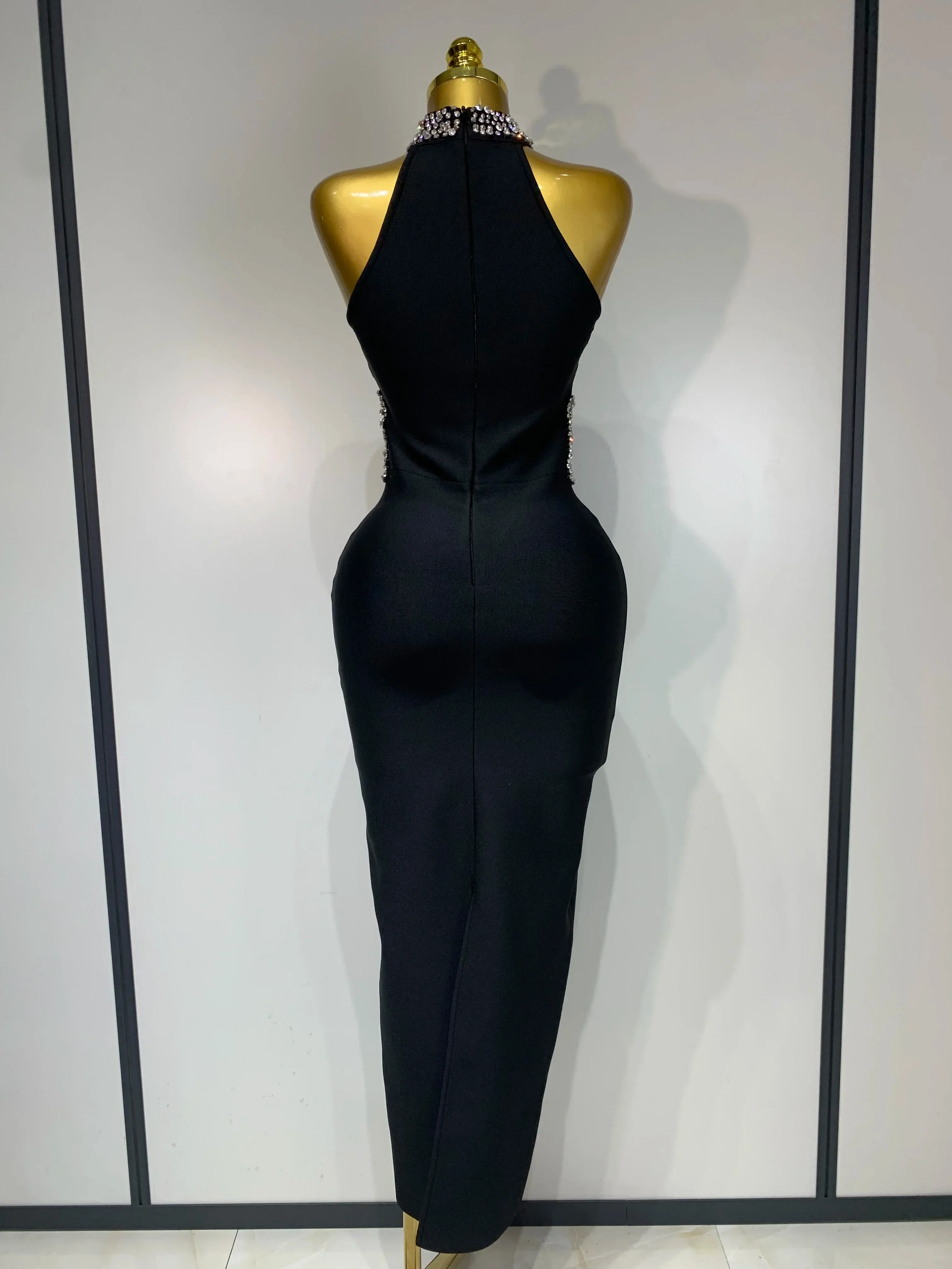 Women Sexy Rhinestone Black Sleeveless Mesh Patchwork Stretch Bodycon Bandage Party Dresses Elegant Birthday Dress - Image 4