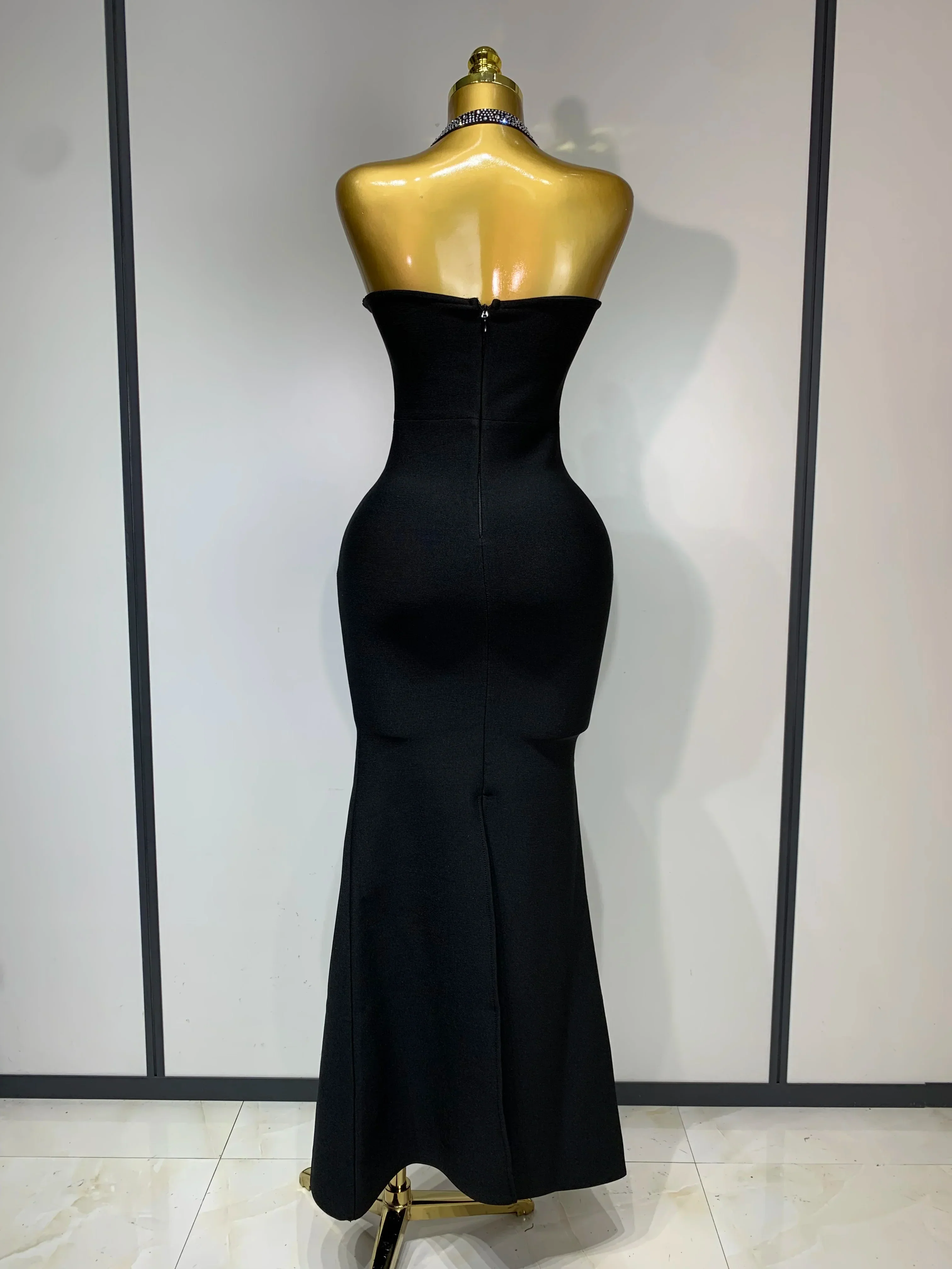 Women Sexy Rhinestone Halter Long Bandage Bodycon Dress  Celebrity Elegant Evening Party Luxury Birthday Wedding Dresses - Image 4