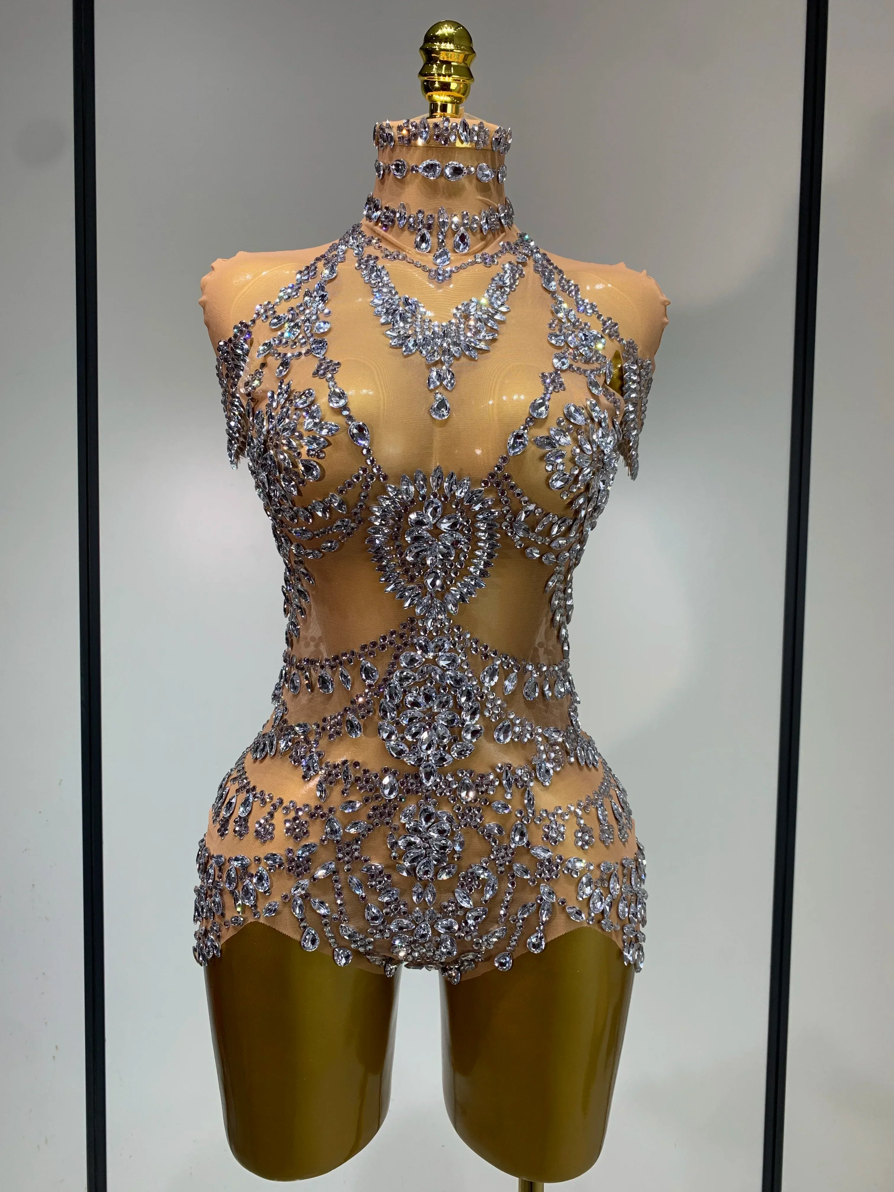 Women Sexy See Through Crystal Bodysuits Luxury Birthday Dancer Stage Performance Wear Mesh Sparkly Rhinestone Nightclub Outfit - Image 7