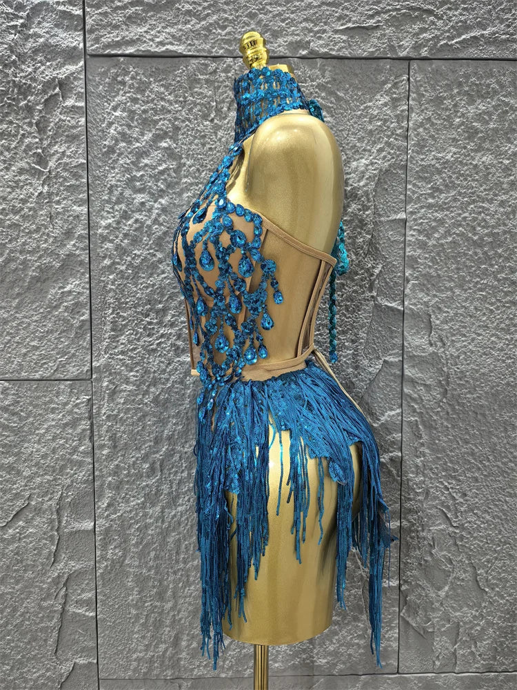 Women Sexy Shinning Crystal Sequisn Tassels 2 Pieces Bodycon Mini Dress Nightclub Party Bar Dancer Performance Costume - Image 3