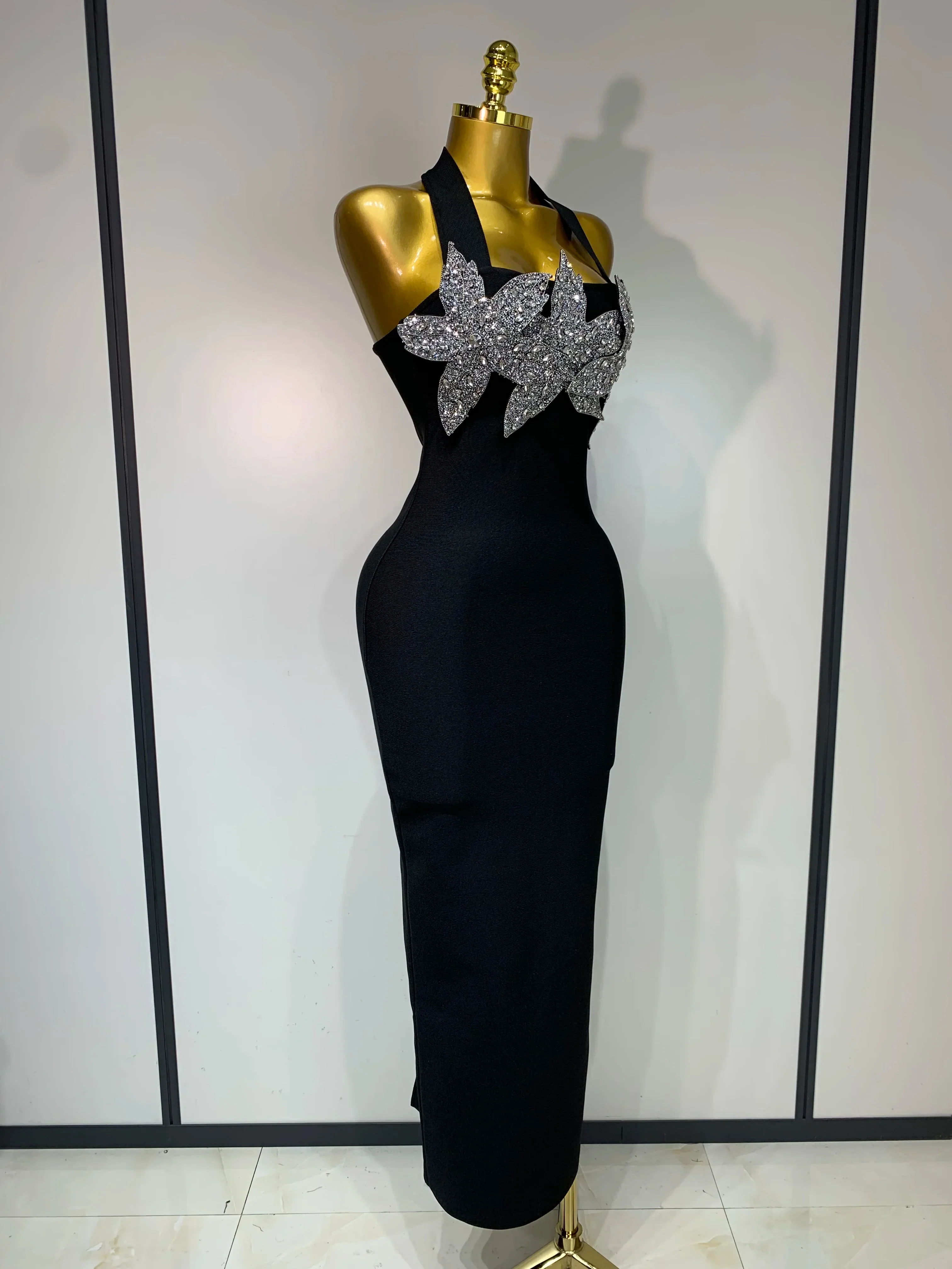 Women Sexy Sleeveless Halter Backless Shiny Diamond Flower Bodycon Bandage Dress Celebirty Elegant Evening Party Birthday Dress - Image 2