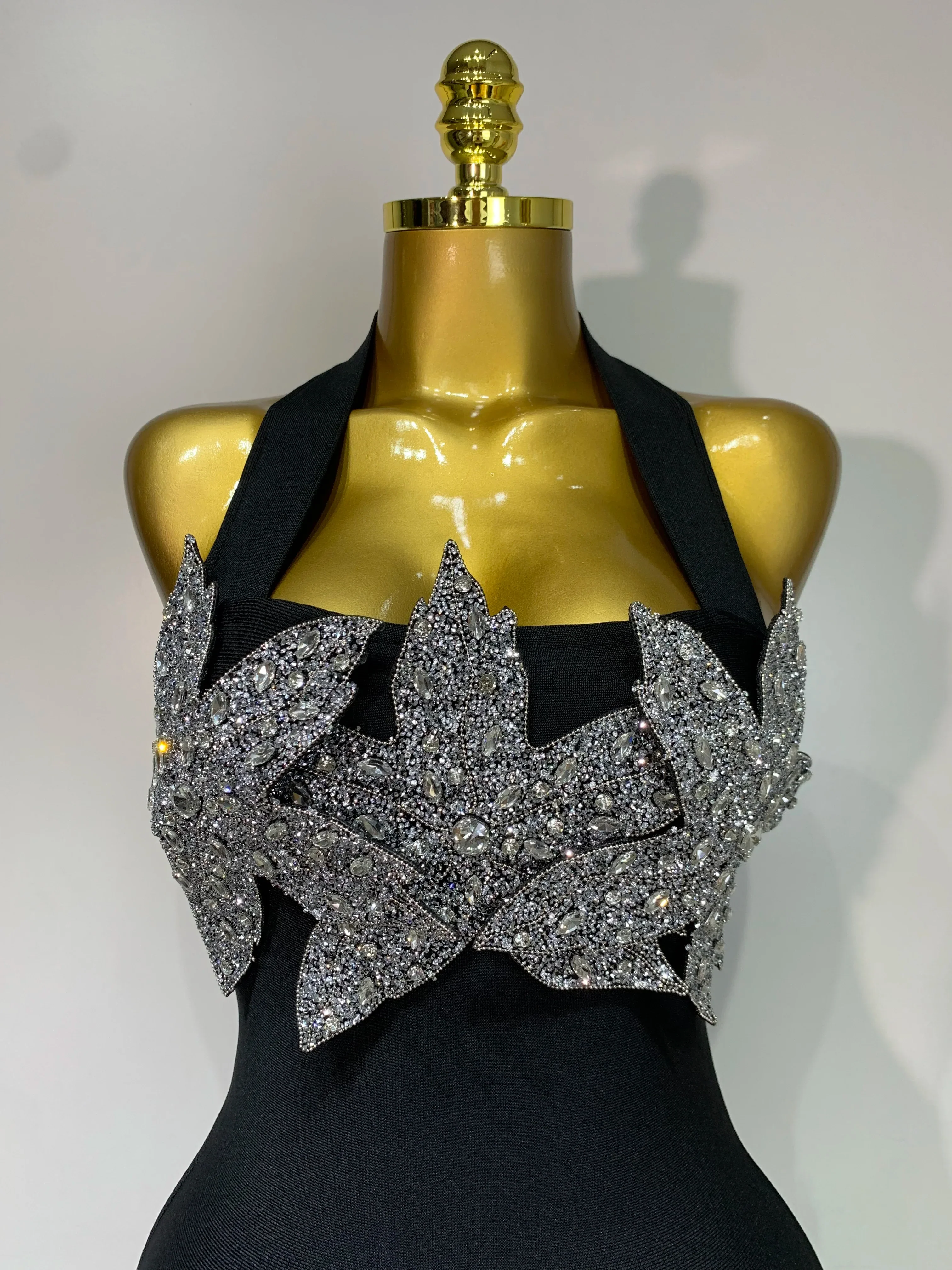 Women Sexy Sleeveless Halter Backless Shiny Diamond Flower Bodycon Bandage Dress Celebirty Elegant Evening Party Birthday Dress - Image 5