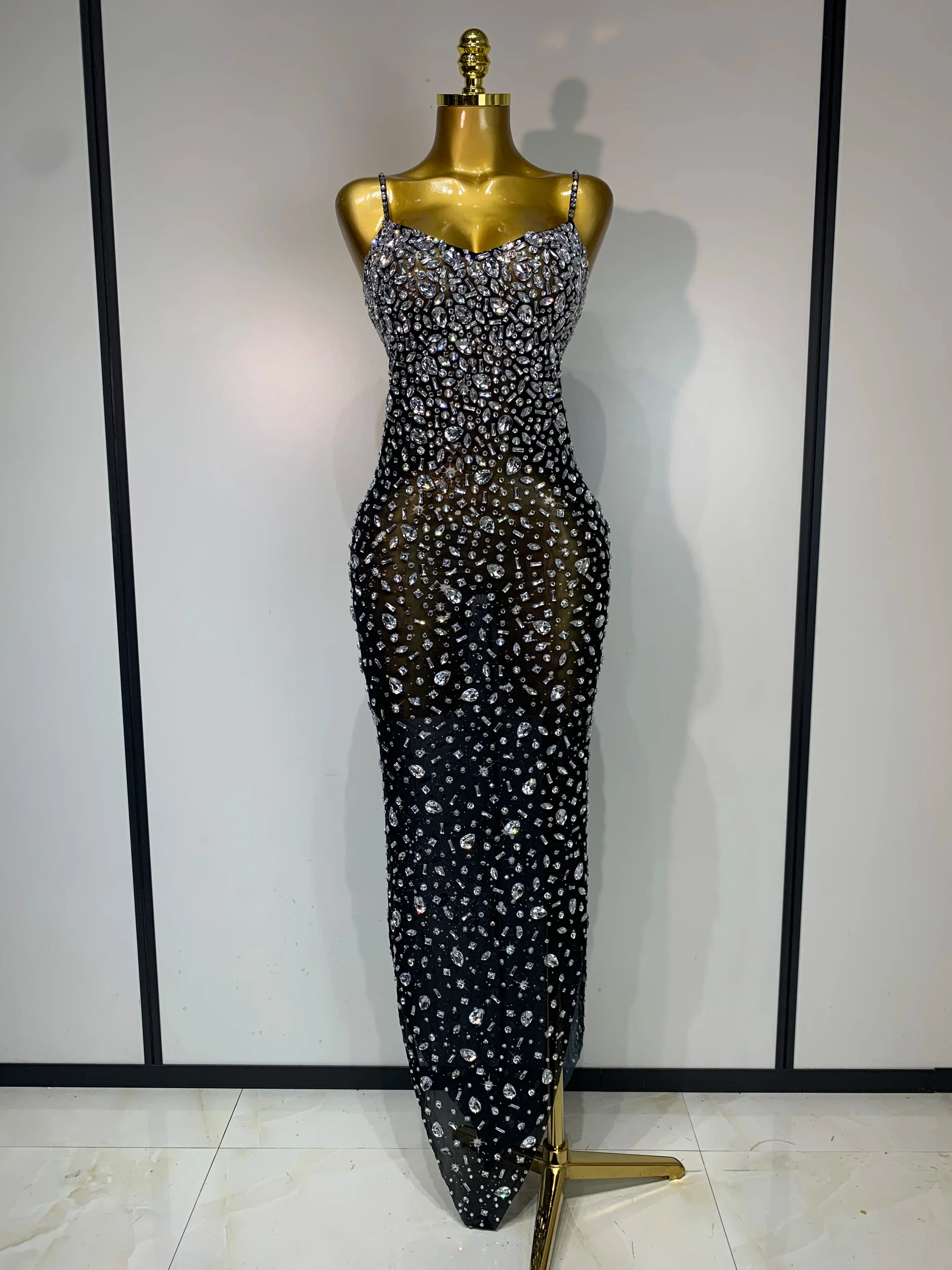 Women Sexy Sleeveless Rhinestone Bodycon Maxi Long Dress Evening Party Birthday Costume Bar Nightclub Stage Performance Clothing