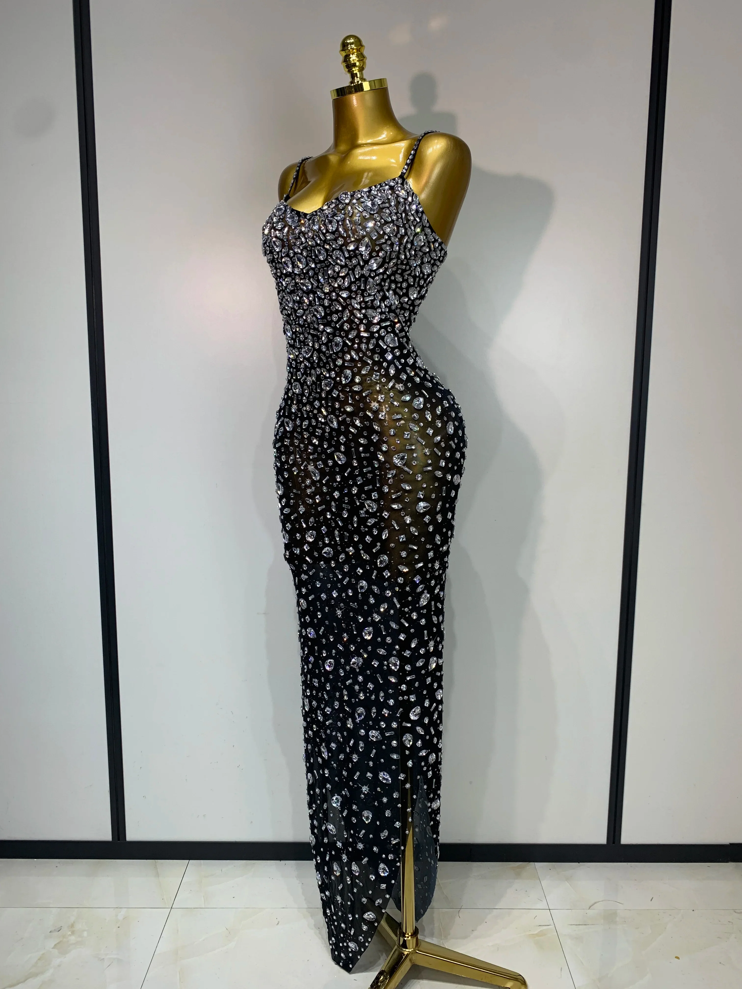 Women Sexy Sleeveless Rhinestone Bodycon Maxi Long Dress Evening Party Birthday Costume Bar Nightclub Stage Performance Clothing - Image 2