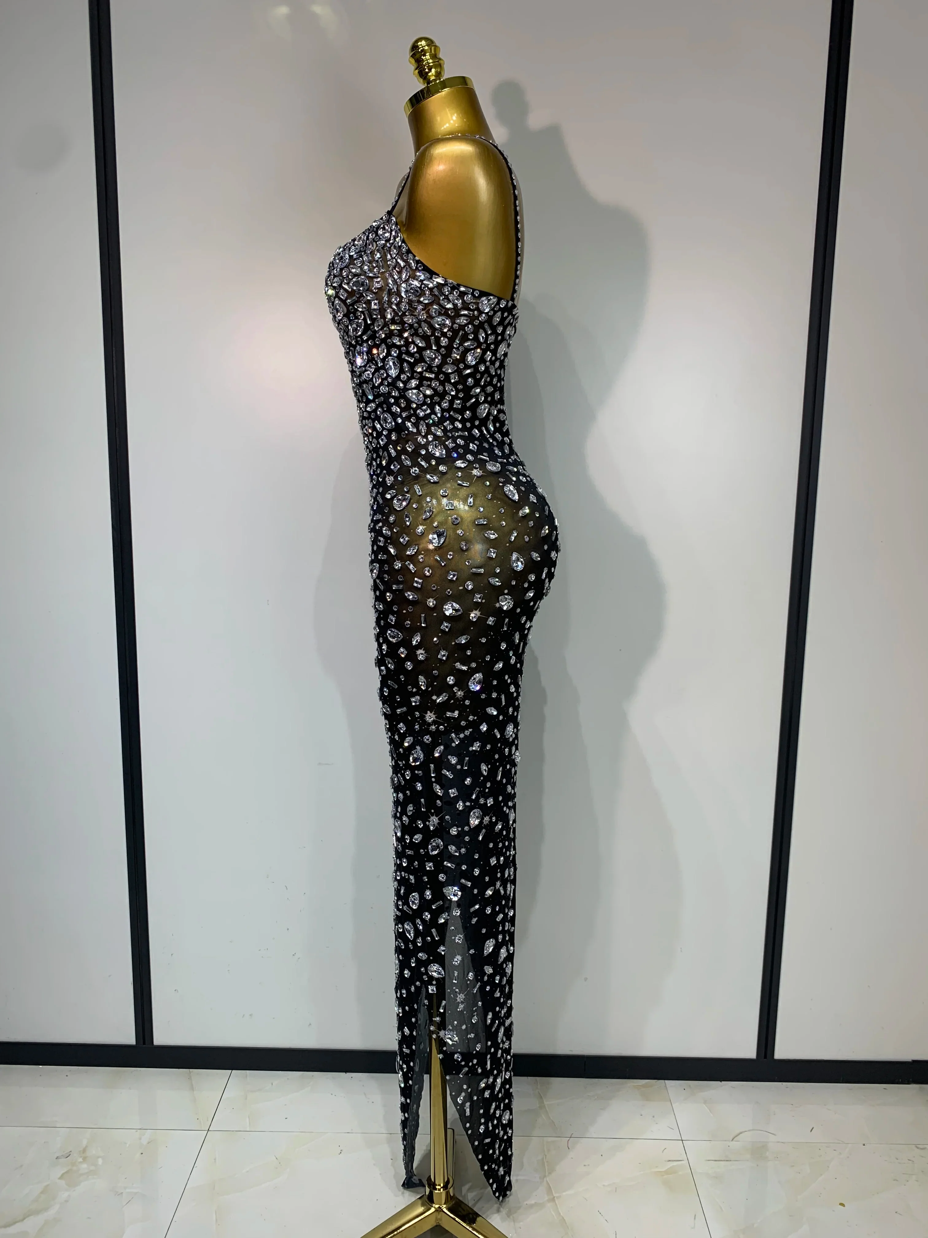 Women Sexy Sleeveless Rhinestone Bodycon Maxi Long Dress Evening Party Birthday Costume Bar Nightclub Stage Performance Clothing - Image 3