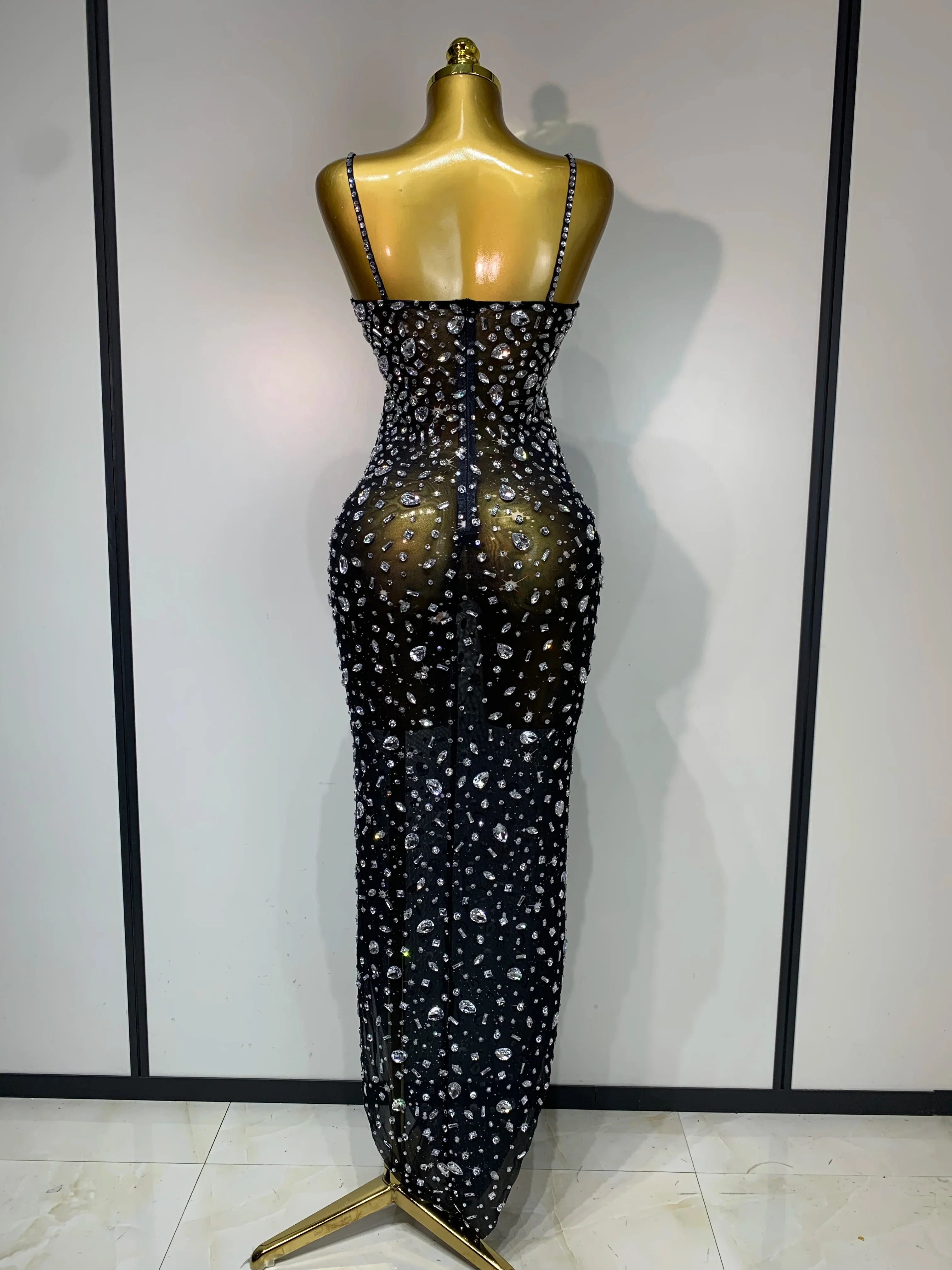 Women Sexy Sleeveless Rhinestone Bodycon Maxi Long Dress Evening Party Birthday Costume Bar Nightclub Stage Performance Clothing - Image 4
