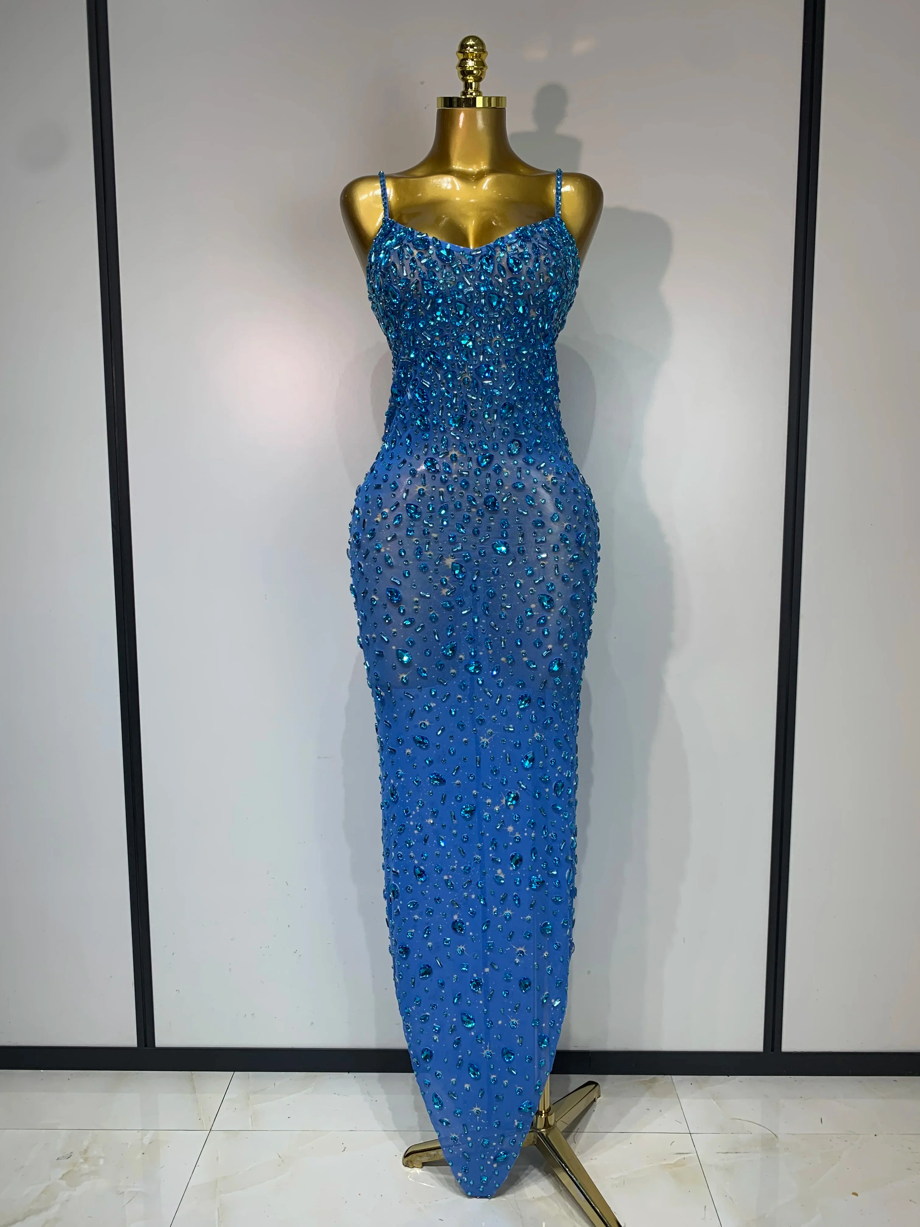Women Sexy Sleeveless Rhinestone Bodycon Maxi Long Dress Evening Party Birthday Costume Bar Nightclub Stage Performance Clothing - Image 7