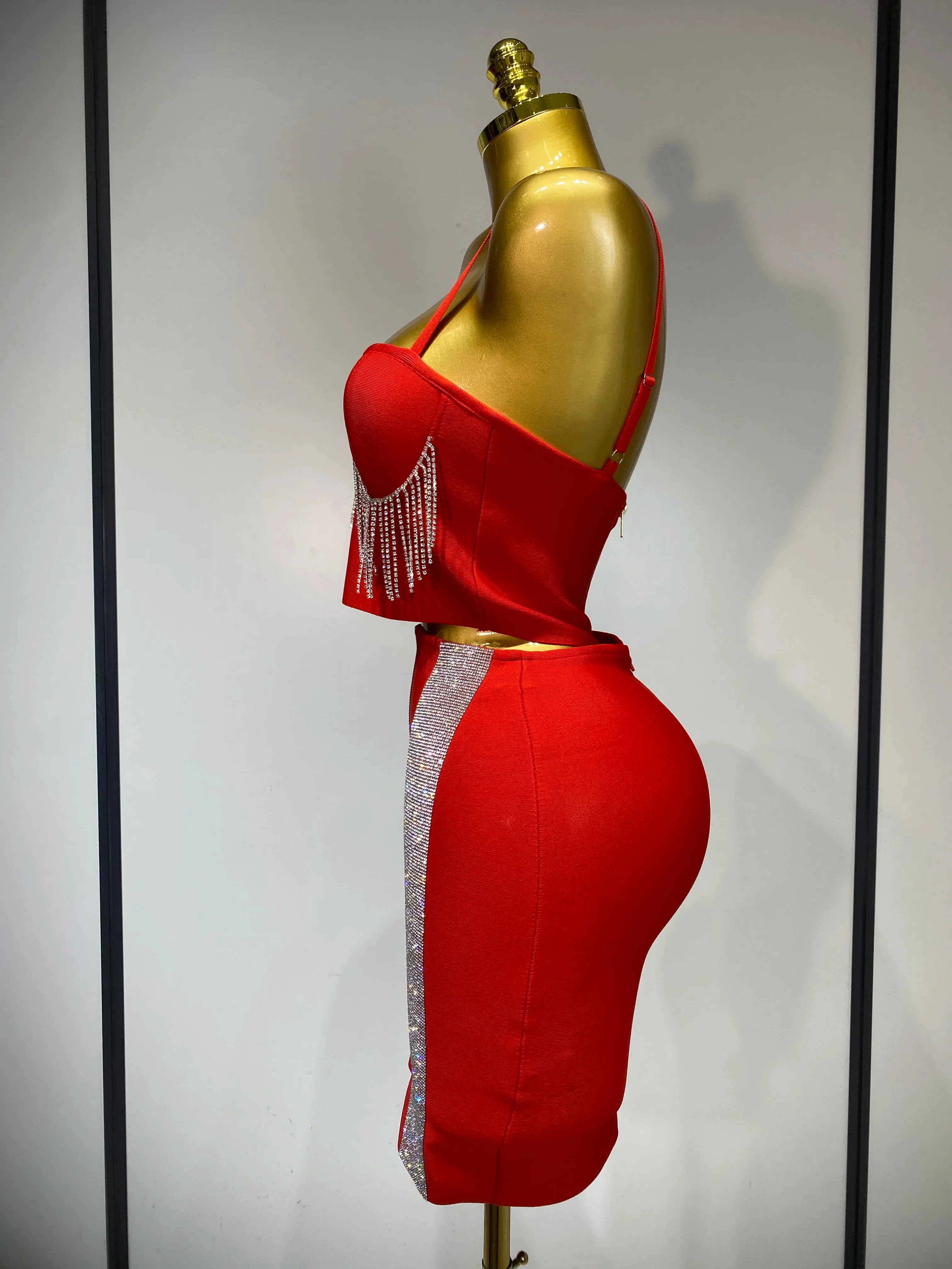 Women Sexy Sling Backless Tassels Bandage Skirt Two Piece Set Knitted Celebrity Elegant Evening Luxury Birthday Dresses - Image 3