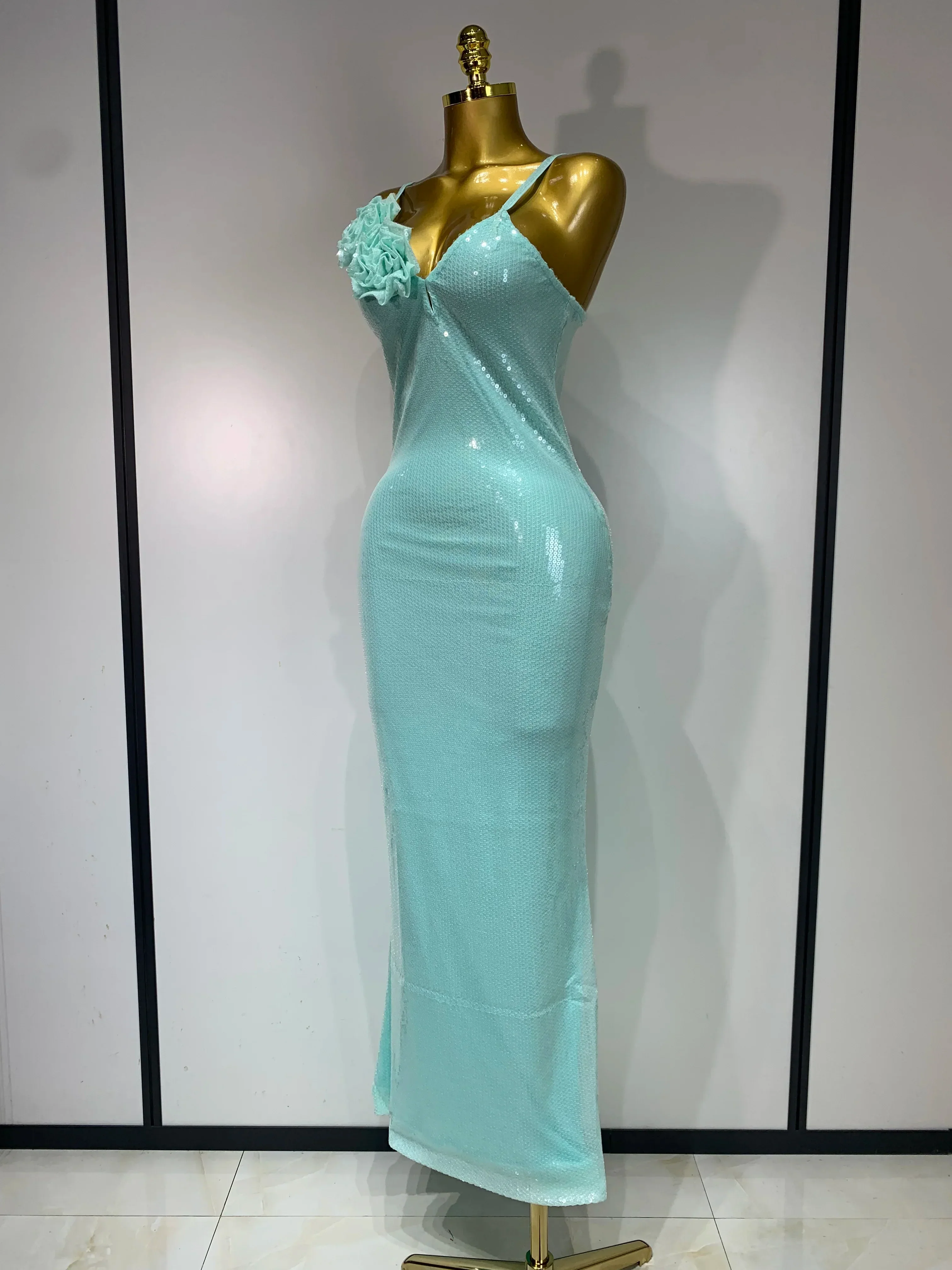 Women Sexy Sling V Neck Appliques Sequines Glitter Bodycon Long Dresses  Luxury Birthday Party Celebrity Evening Prom Gown - Image 2