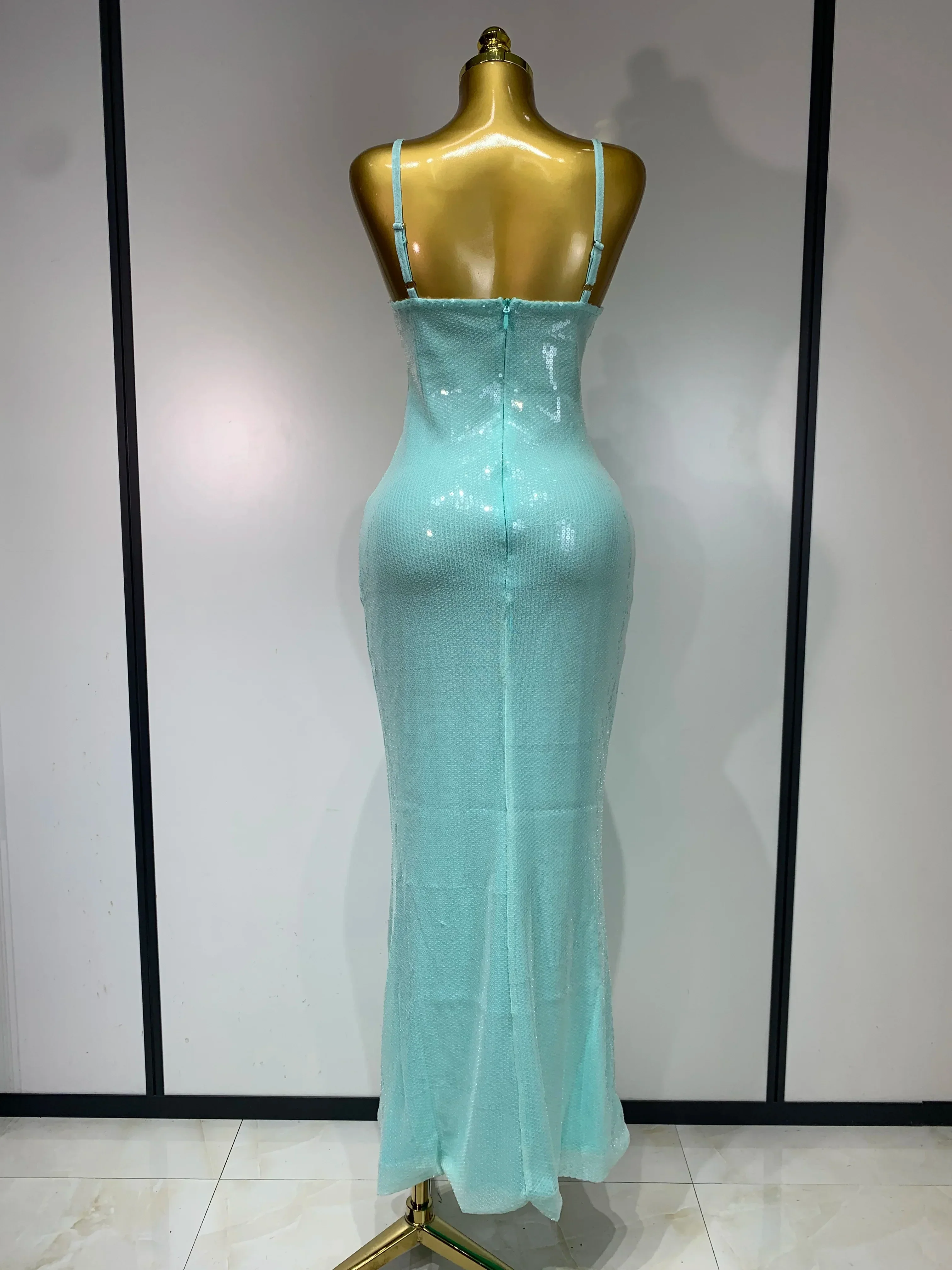 Women Sexy Sling V Neck Appliques Sequines Glitter Bodycon Long Dresses  Luxury Birthday Party Celebrity Evening Prom Gown - Image 3
