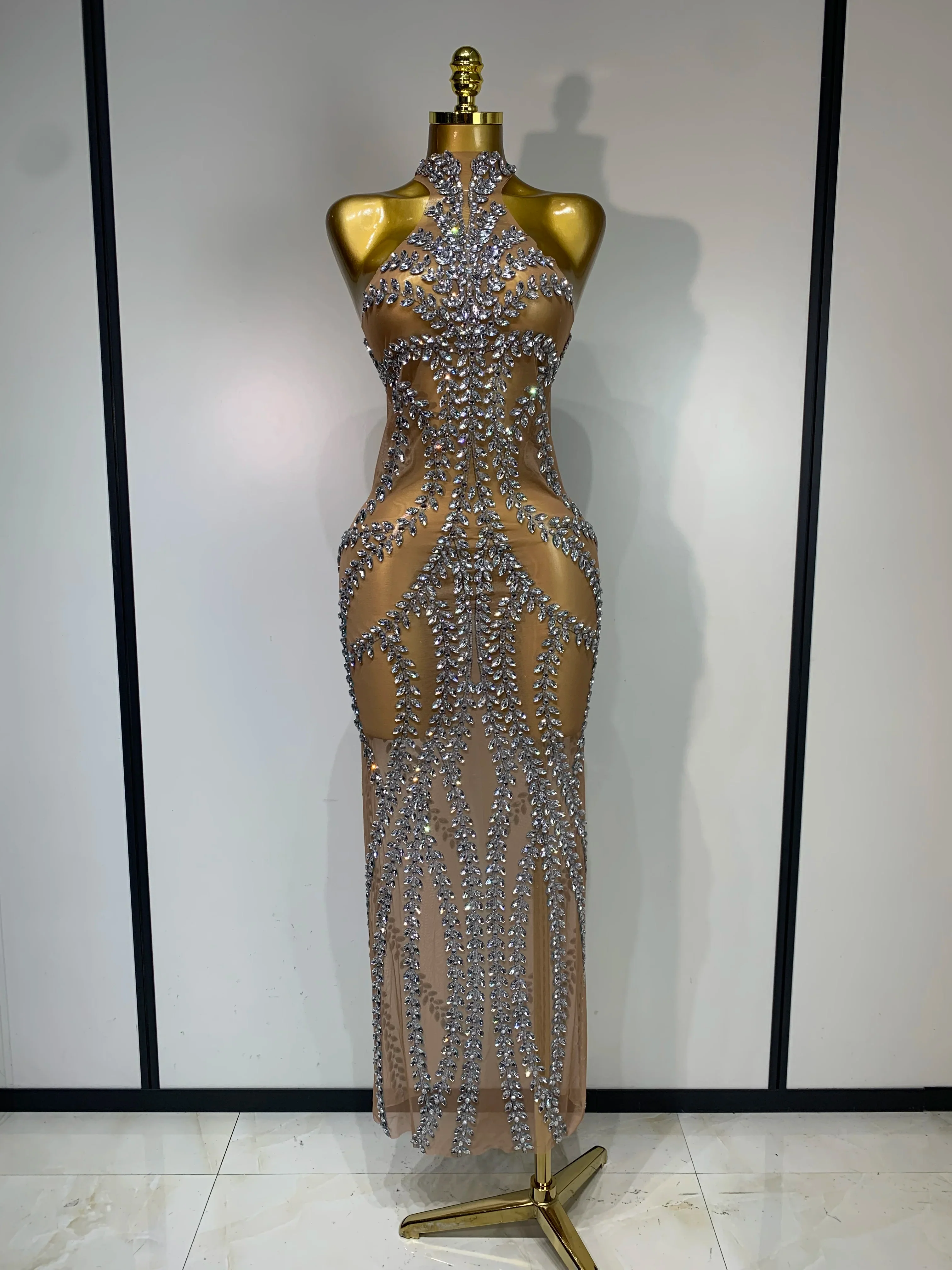 Women Sexy Sparkly Rhinestones Mesh See Through Stretch Dress Luxury Birthday Performance Stage Costume Evening Party Dress