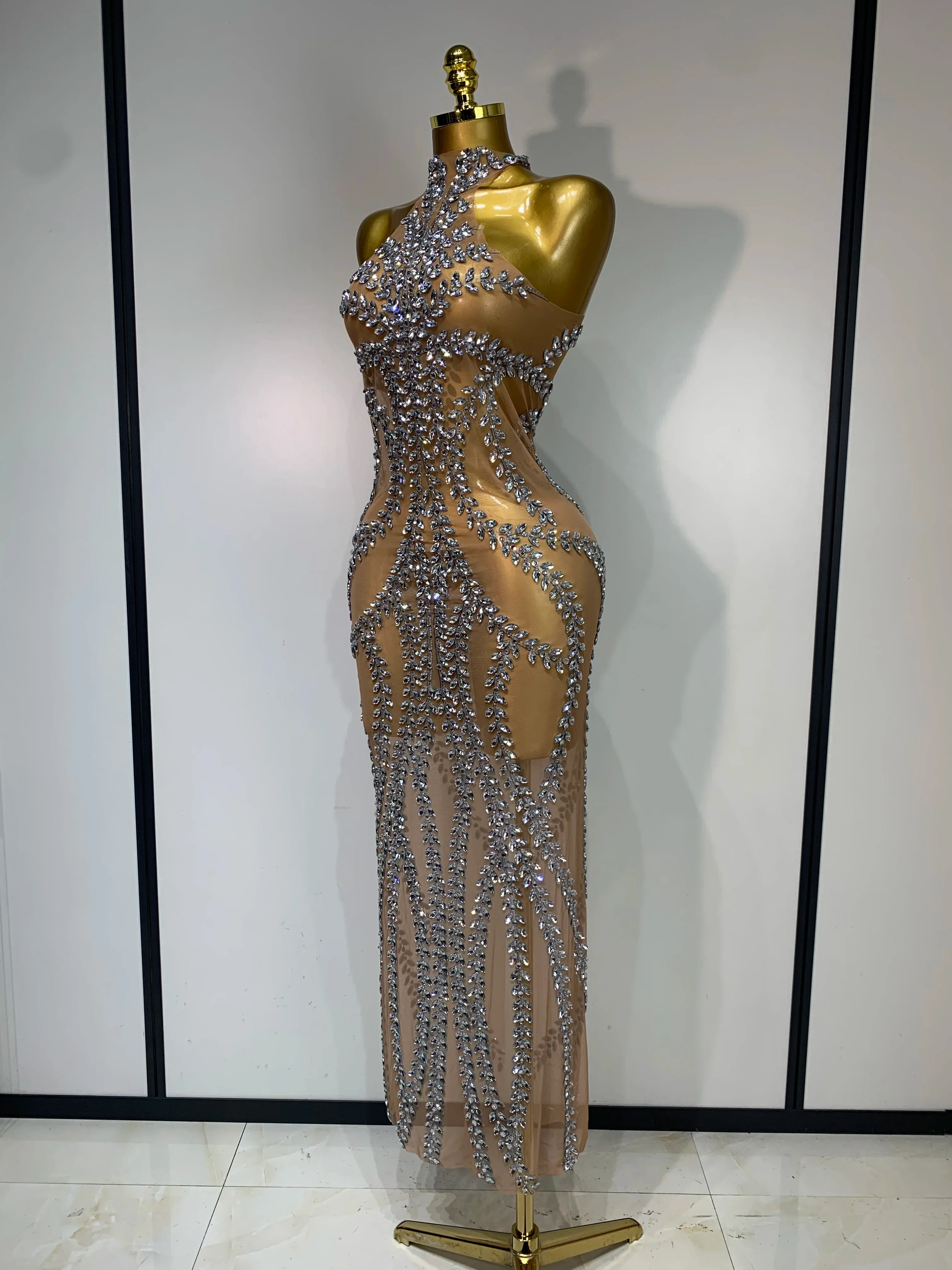 Women Sexy Sparkly Rhinestones Mesh See Through Stretch Dress Luxury Birthday Performance Stage Costume Evening Party Dress - Image 2