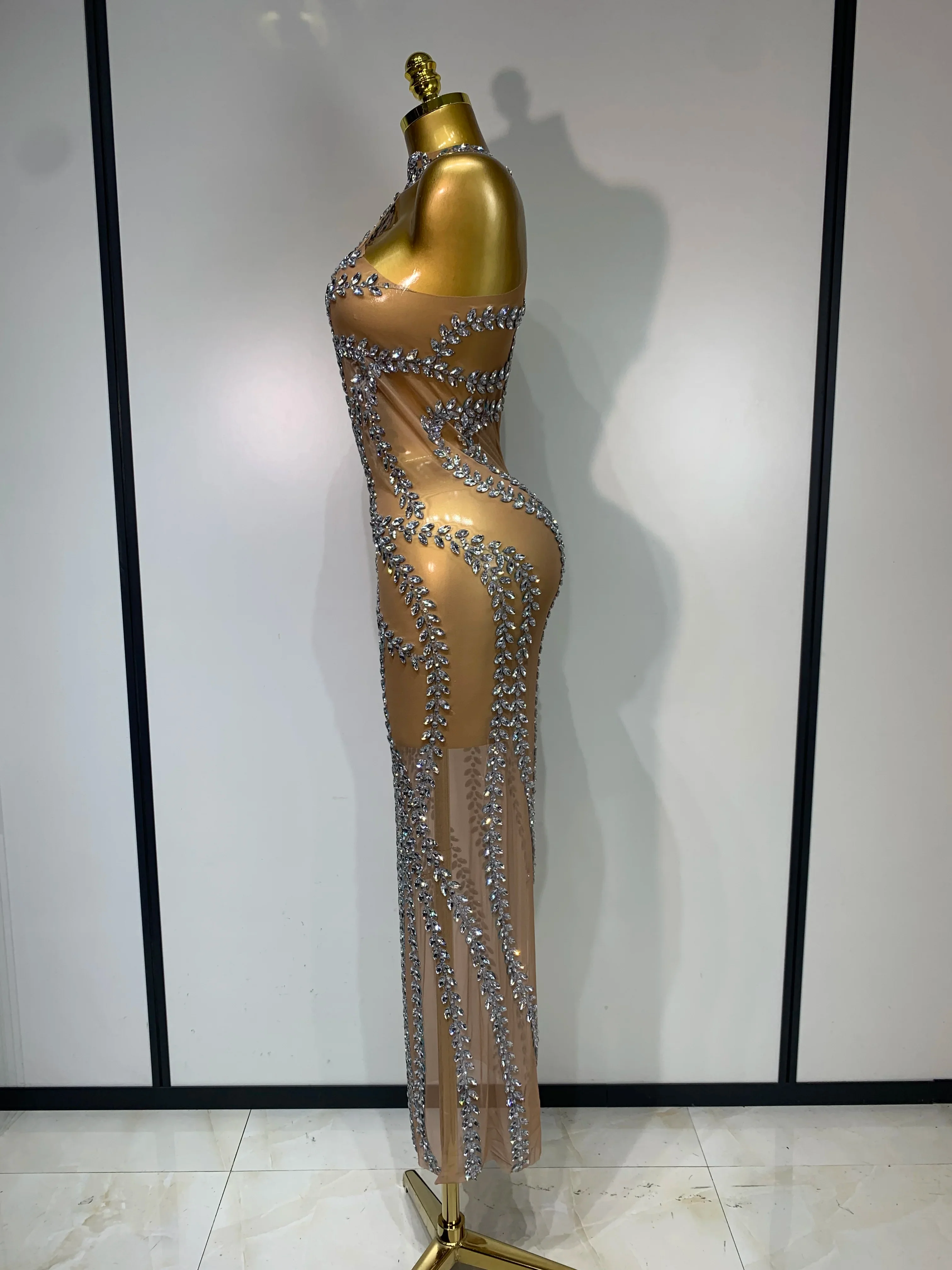 Women Sexy Sparkly Rhinestones Mesh See Through Stretch Dress Luxury Birthday Performance Stage Costume Evening Party Dress - Image 3