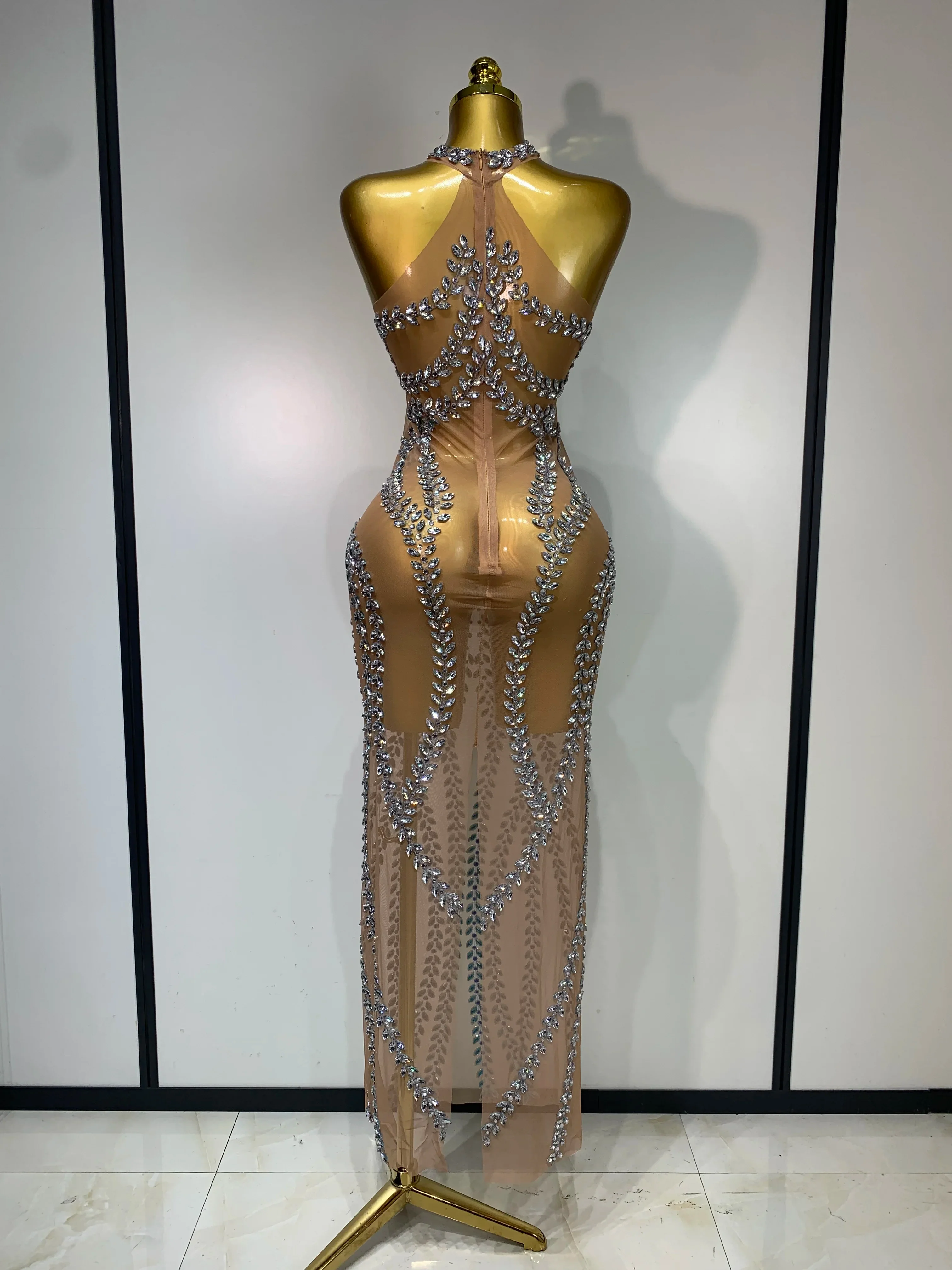 Women Sexy Sparkly Rhinestones Mesh See Through Stretch Dress Luxury Birthday Performance Stage Costume Evening Party Dress - Image 4