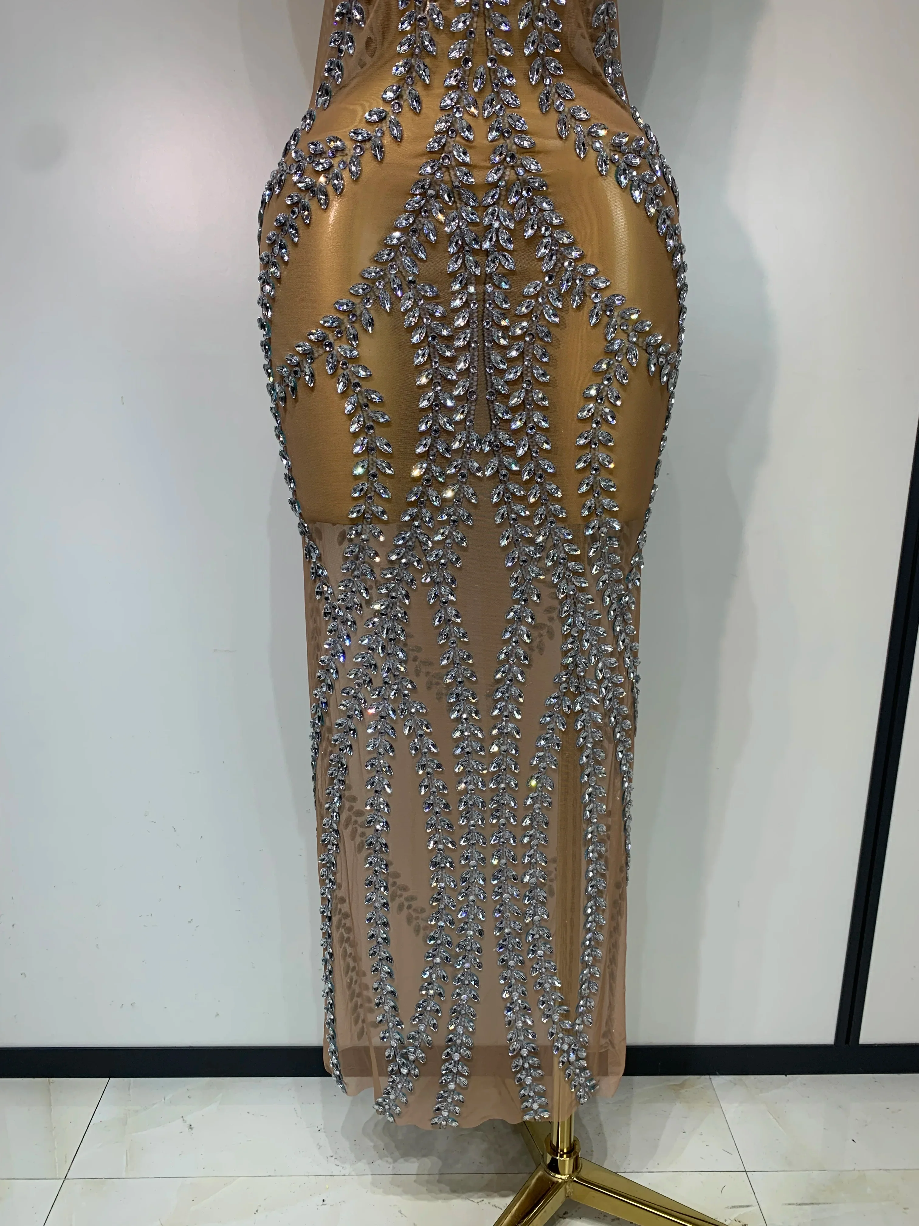 Women Sexy Sparkly Rhinestones Mesh See Through Stretch Dress Luxury Birthday Performance Stage Costume Evening Party Dress - Image 6